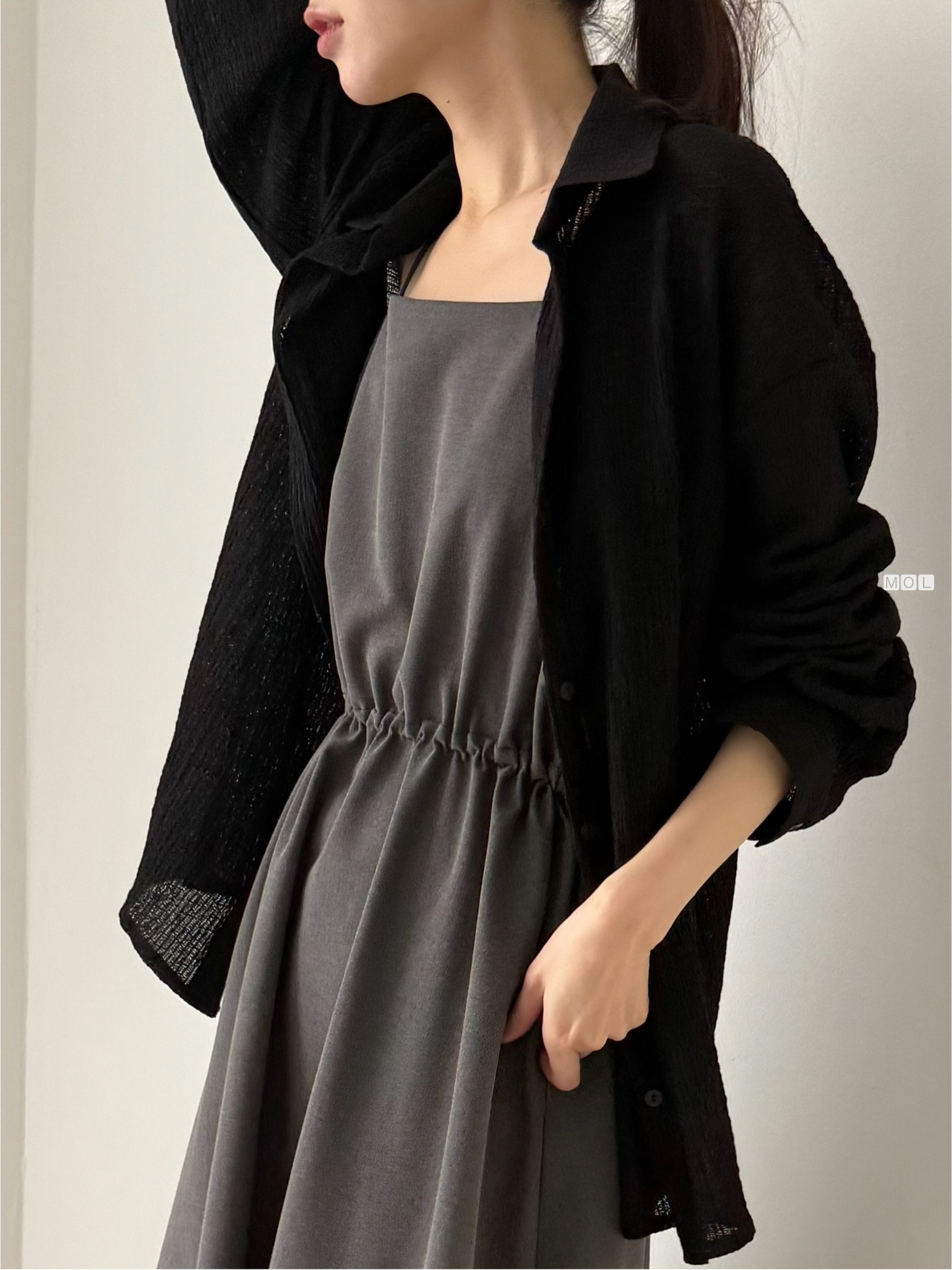 スクエアネックドローストリングウエストゴムパフスリーブIラインフレア無地キャミワンピース | 詳細画像21