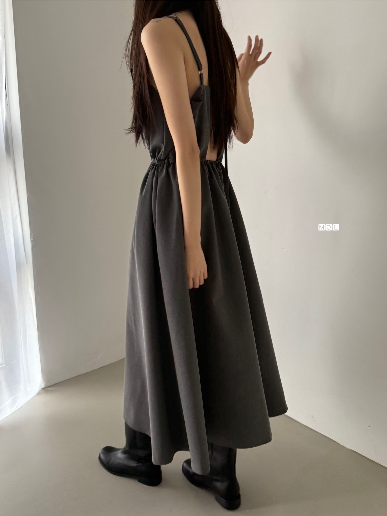 スクエアネックドローストリングウエストゴムパフスリーブIラインフレア無地キャミワンピース | 詳細画像22