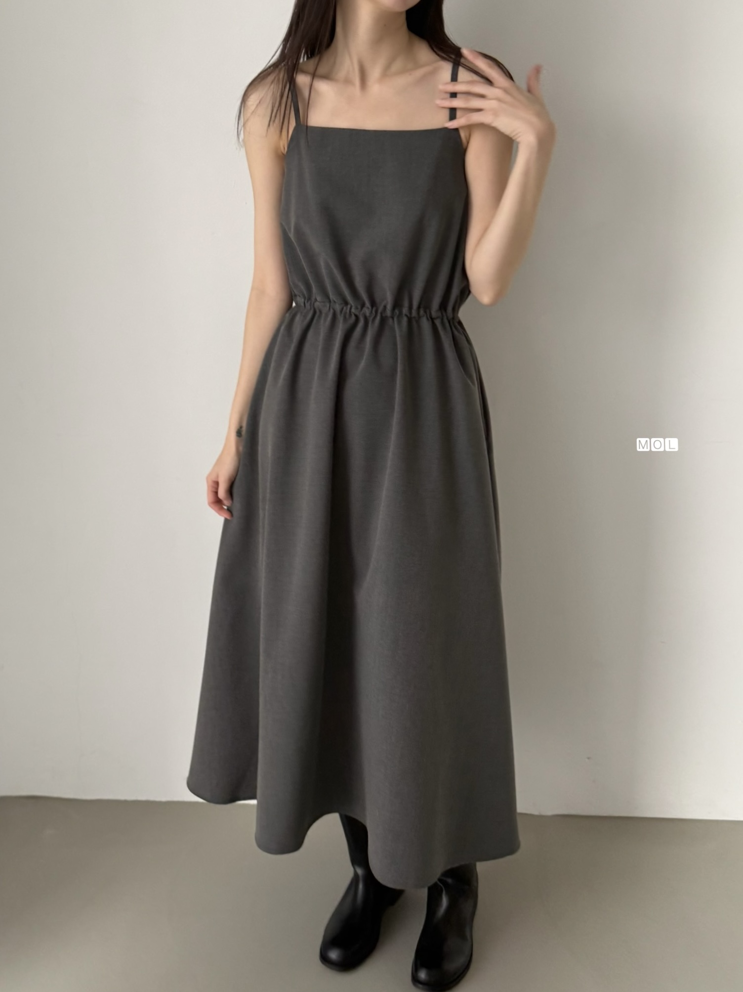 スクエアネックドローストリングウエストゴムパフスリーブIラインフレア無地キャミワンピース | 詳細画像23