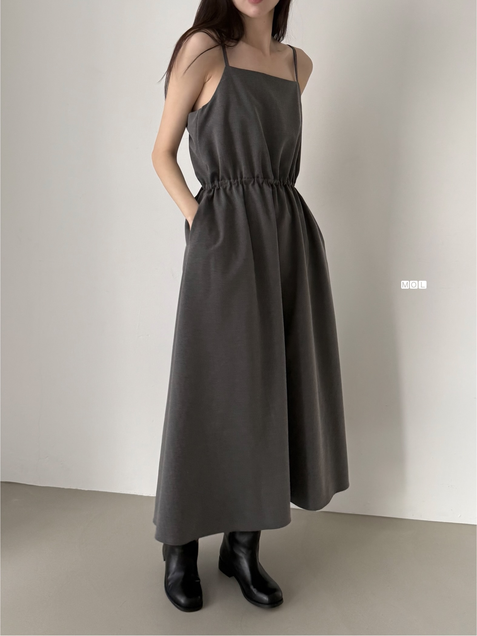 スクエアネックドローストリングウエストゴムパフスリーブIラインフレア無地キャミワンピース | 詳細画像25