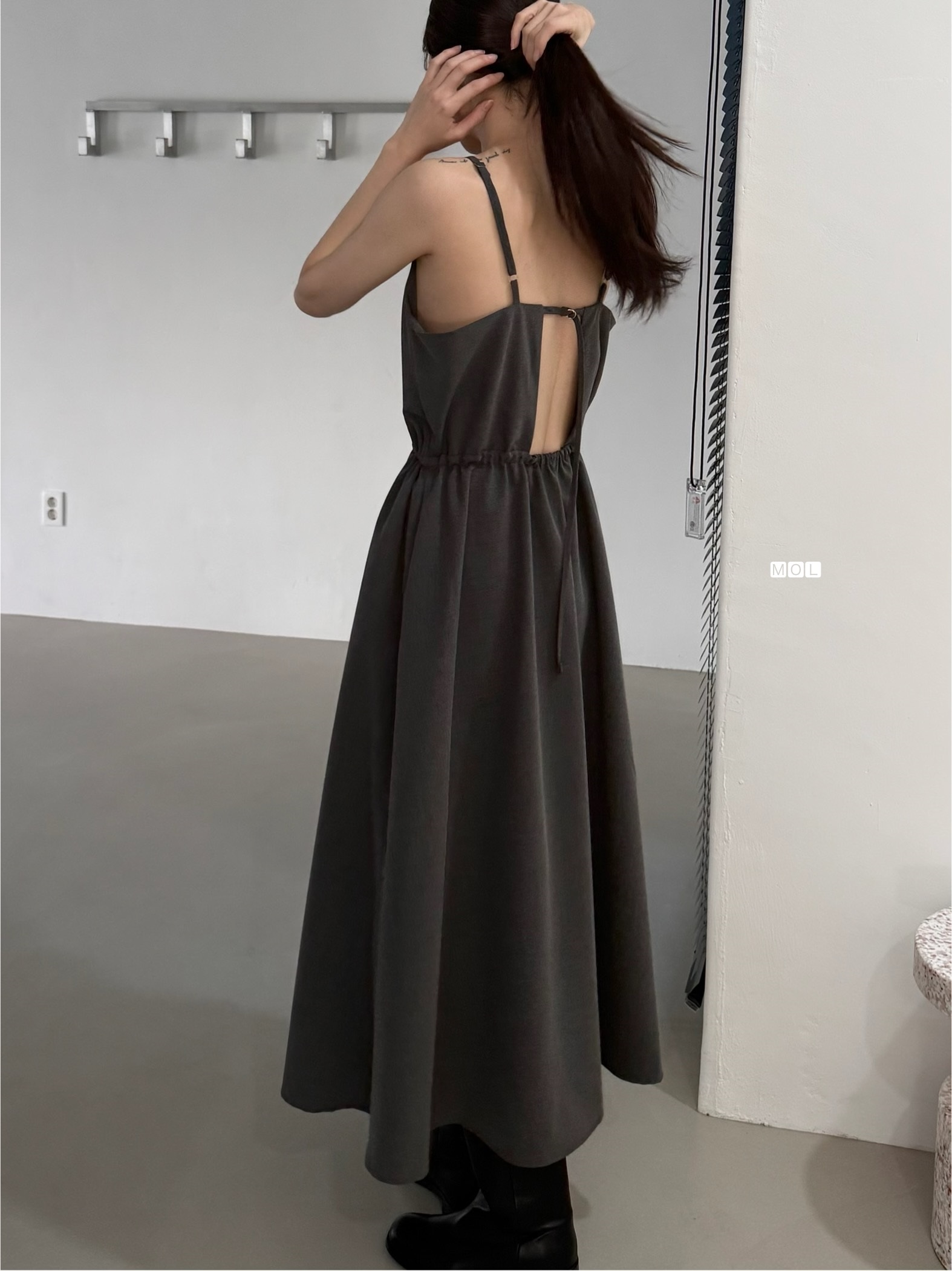 スクエアネックドローストリングウエストゴムパフスリーブIラインフレア無地キャミワンピース | 詳細画像26