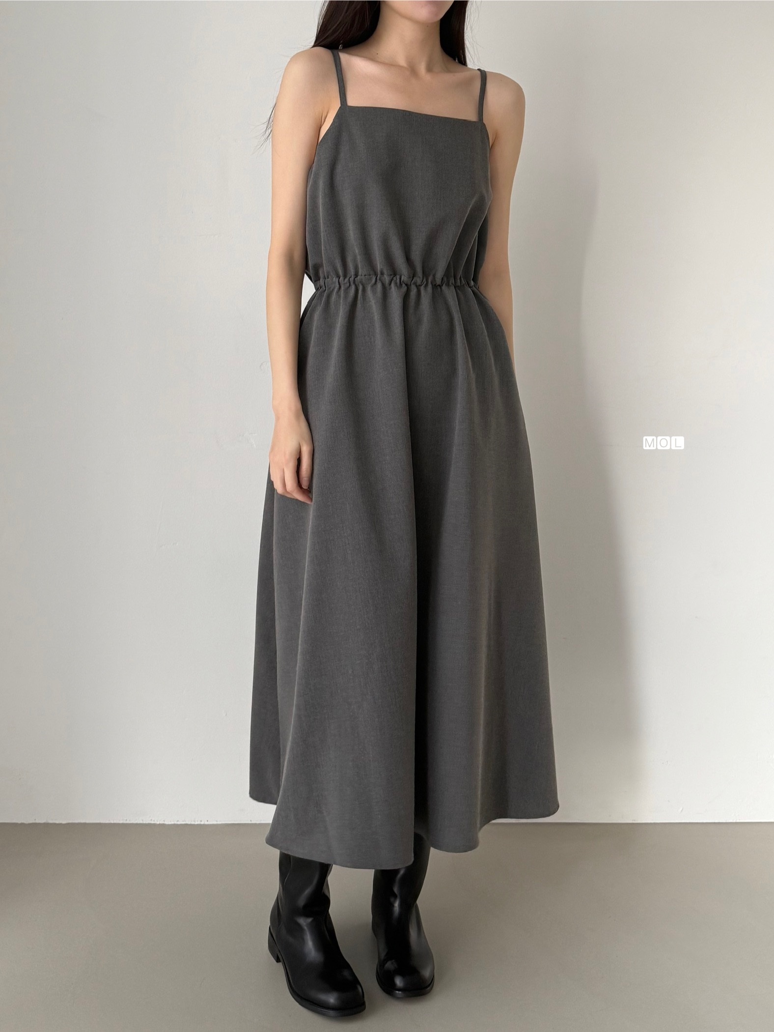 スクエアネックドローストリングウエストゴムパフスリーブIラインフレア無地キャミワンピース | 詳細画像27