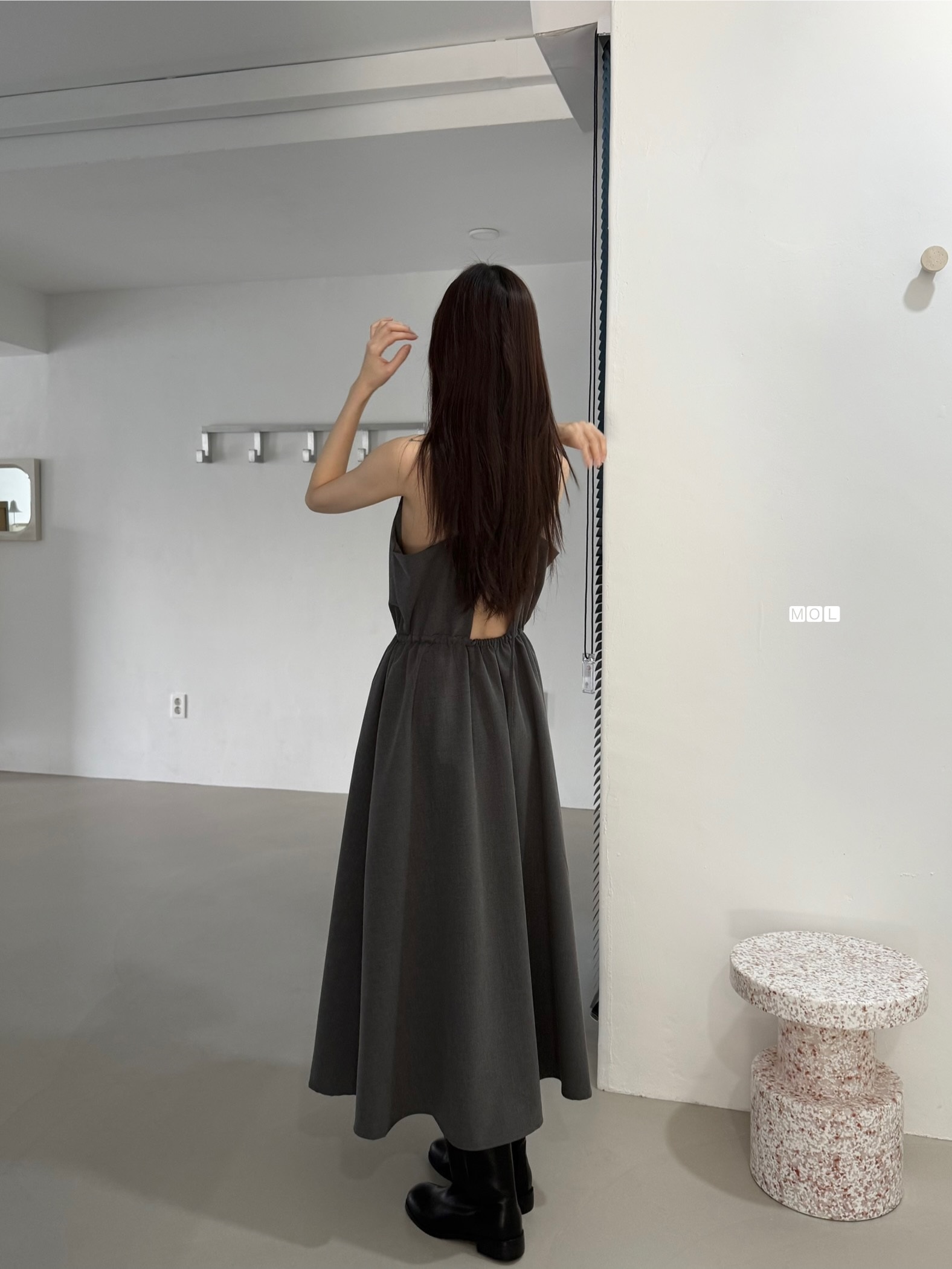 スクエアネックドローストリングウエストゴムパフスリーブIラインフレア無地キャミワンピース | 詳細画像28