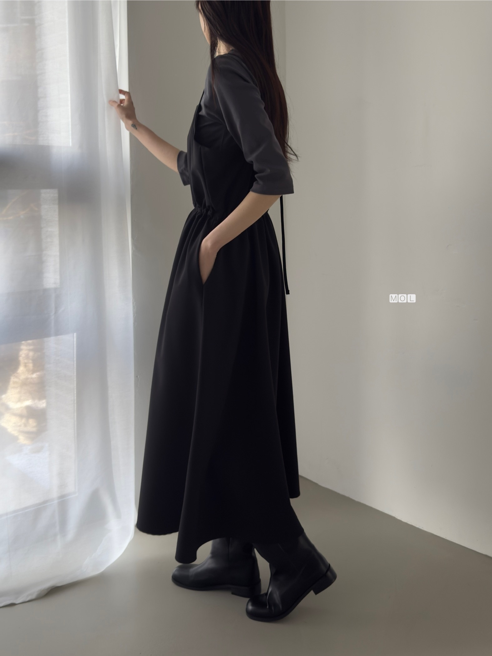 スクエアネックドローストリングウエストゴムパフスリーブIラインフレア無地キャミワンピース | 詳細画像29