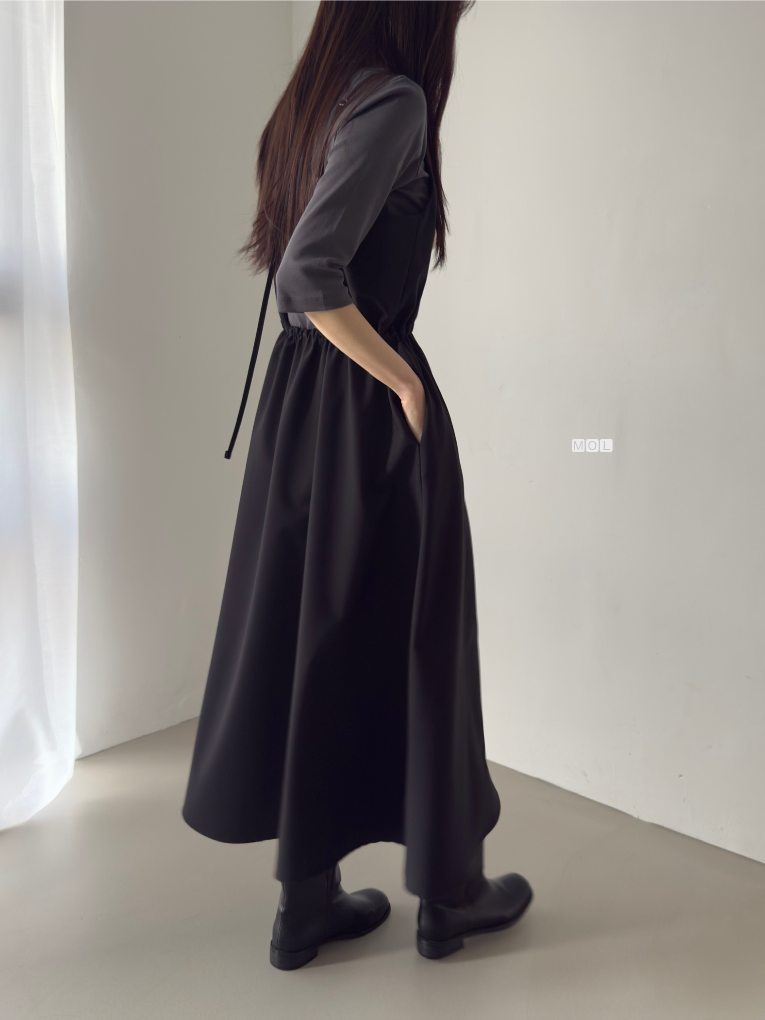 スクエアネックドローストリングウエストゴムパフスリーブIラインフレア無地キャミワンピース | 詳細画像30