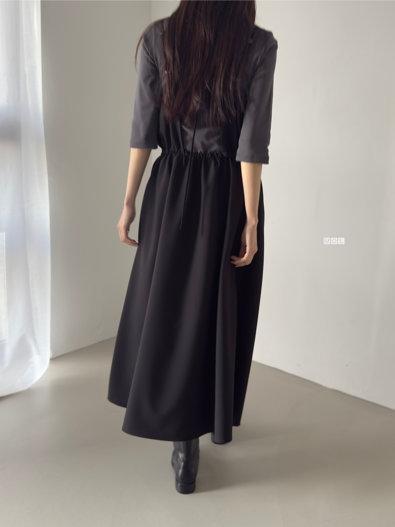 スクエアネックドローストリングウエストゴムパフスリーブIラインフレア無地キャミワンピース | 詳細画像31