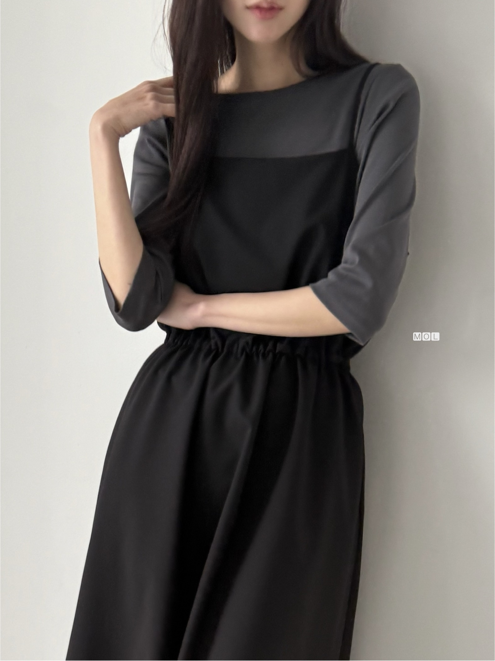 スクエアネックドローストリングウエストゴムパフスリーブIラインフレア無地キャミワンピース | 詳細画像32