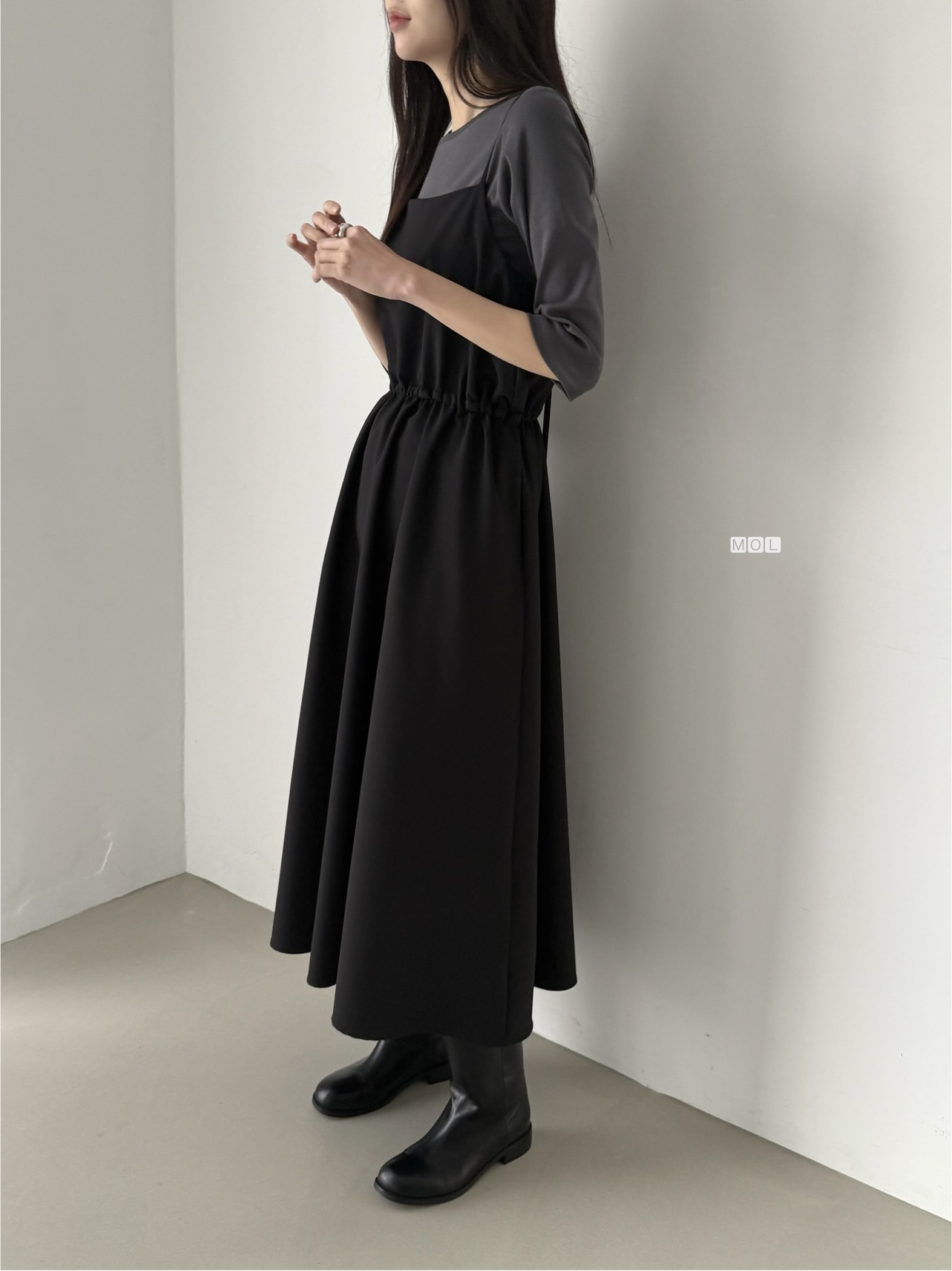 スクエアネックドローストリングウエストゴムパフスリーブIラインフレア無地キャミワンピース | 詳細画像33