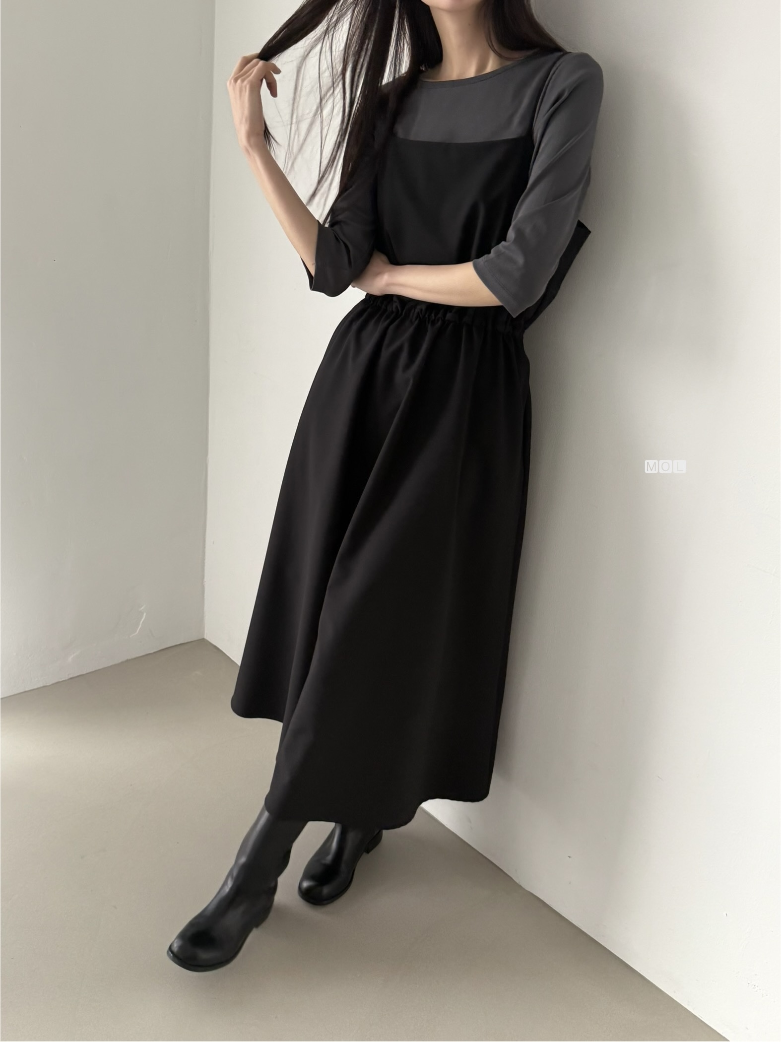 スクエアネックドローストリングウエストゴムパフスリーブIラインフレア無地キャミワンピース | 詳細画像34