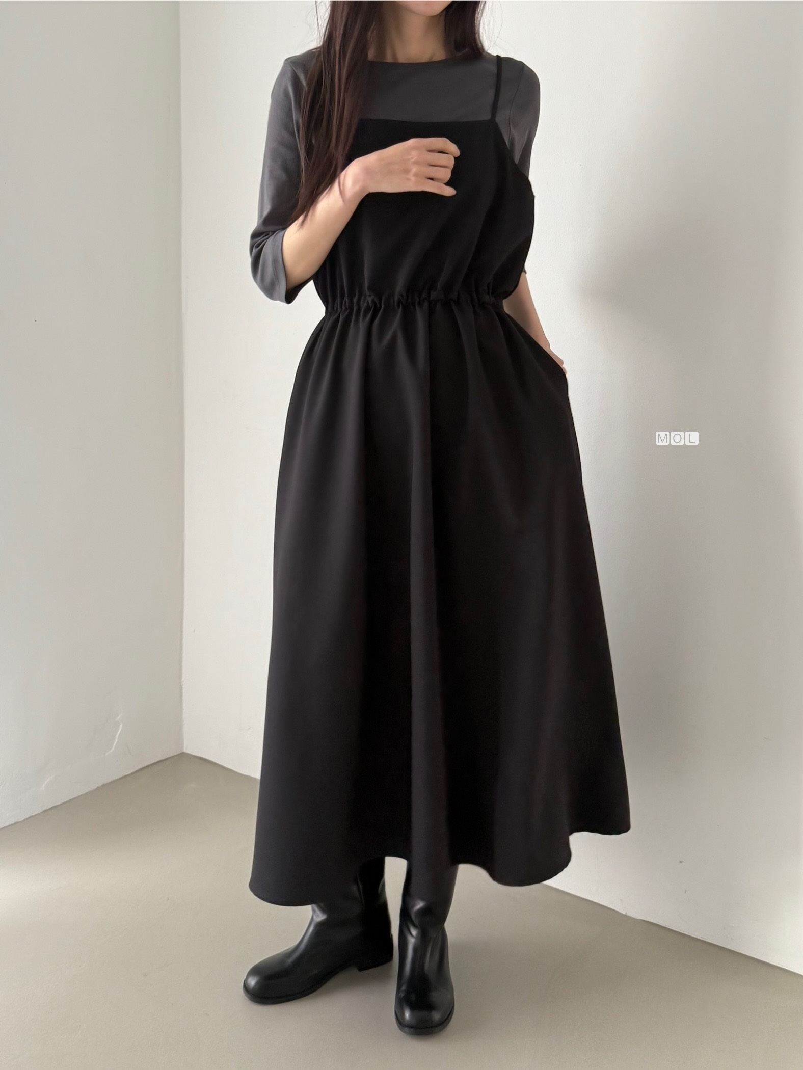 スクエアネックドローストリングウエストゴムパフスリーブIラインフレア無地キャミワンピース | 詳細画像35