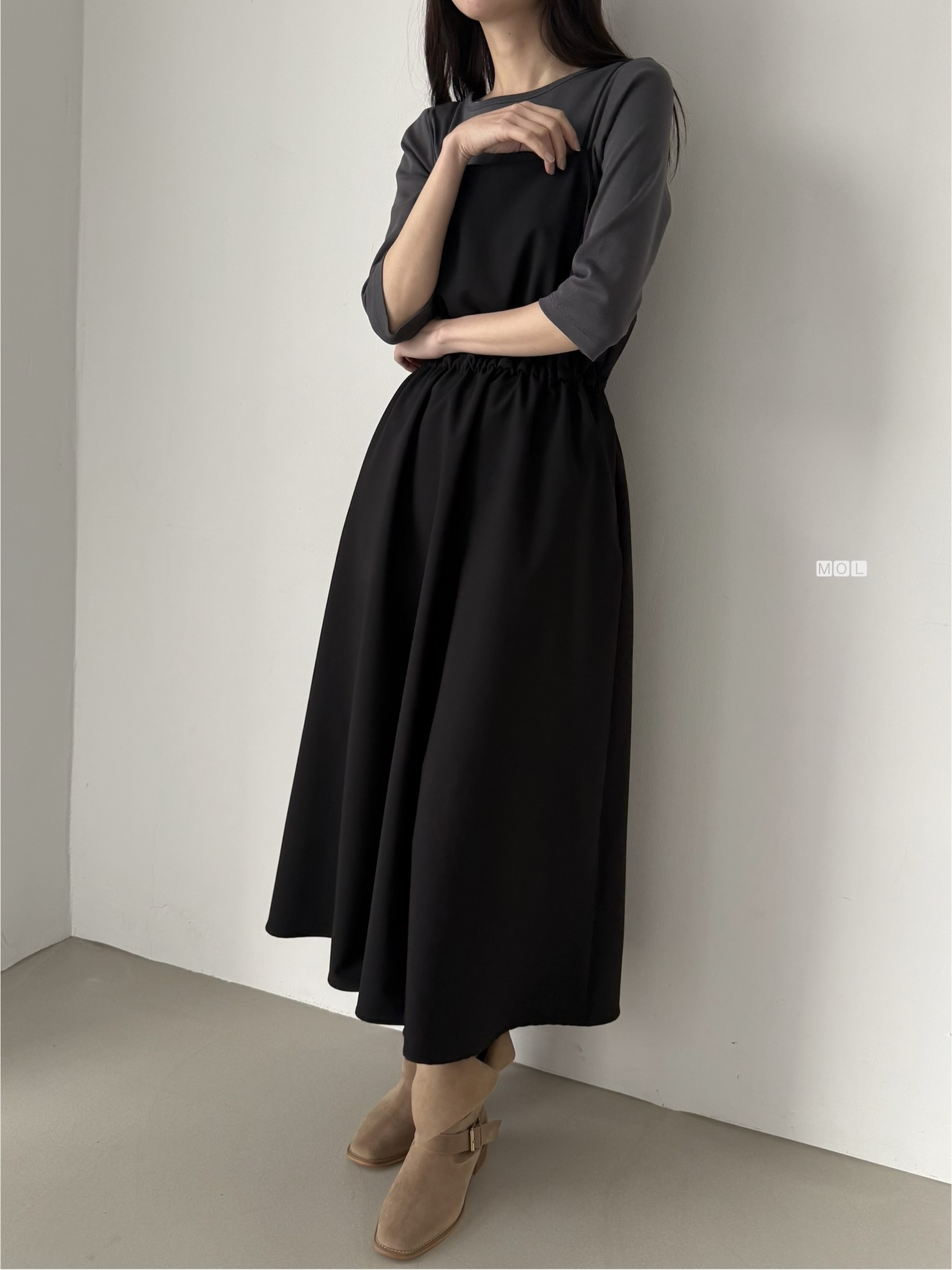 スクエアネックドローストリングウエストゴムパフスリーブIラインフレア無地キャミワンピース | 詳細画像36