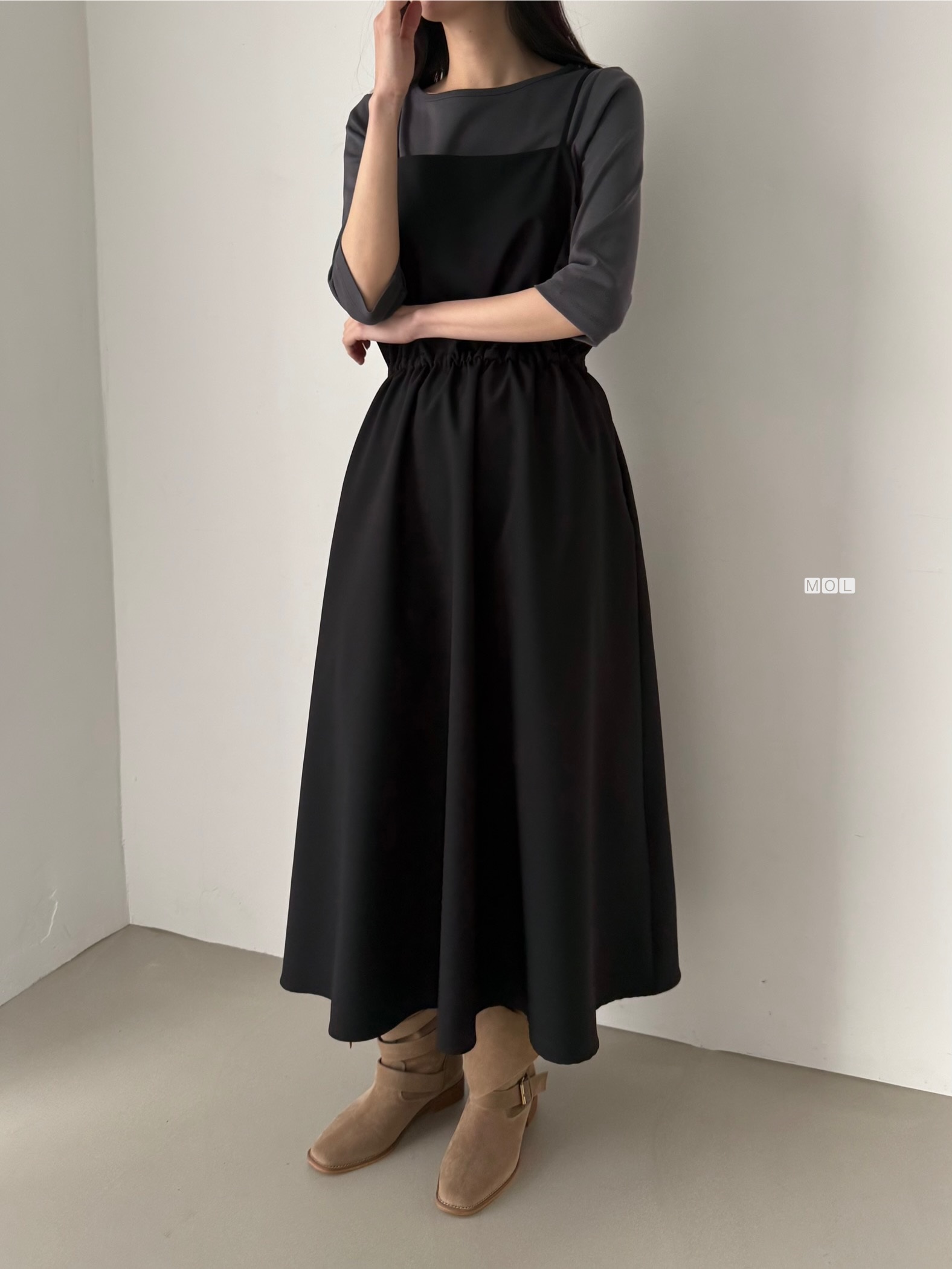 スクエアネックドローストリングウエストゴムパフスリーブIラインフレア無地キャミワンピース | 詳細画像37