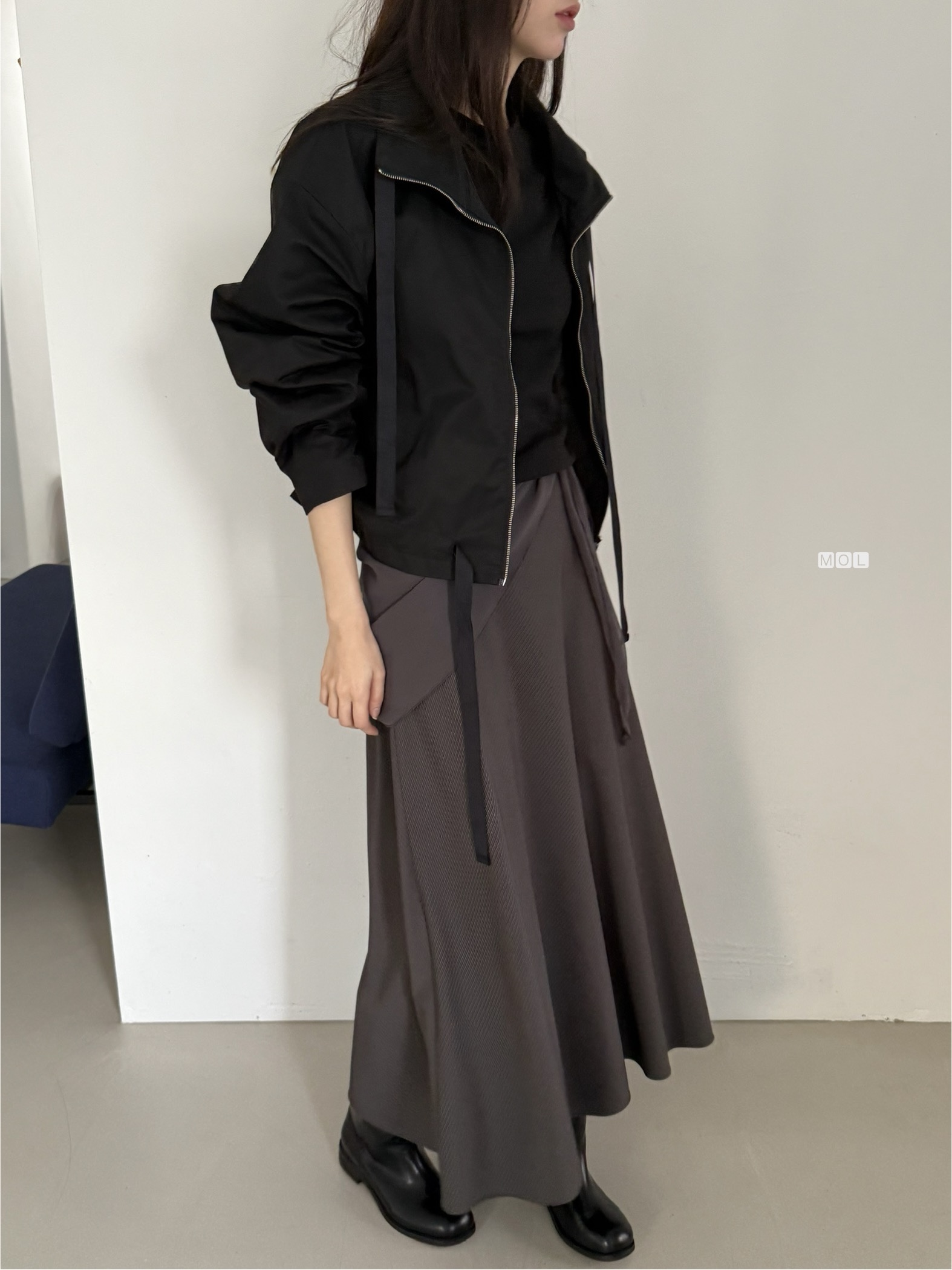 ジップアップドローストリングショートルーズ長袖無地ジャンパー | 詳細画像4