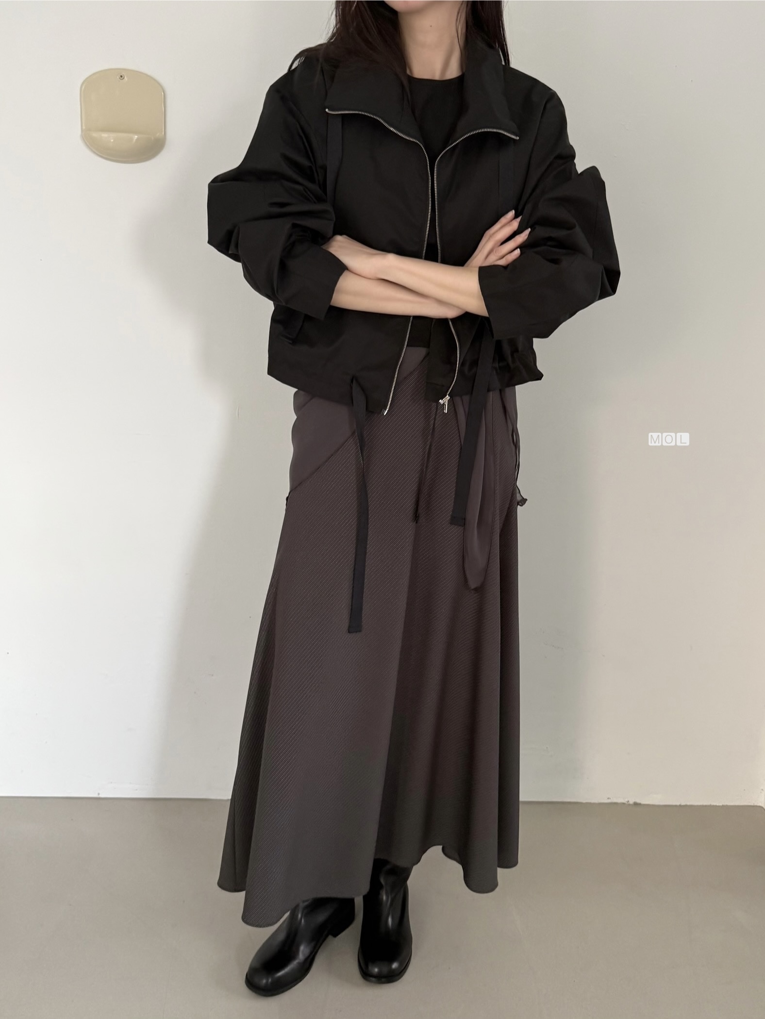 ジップアップドローストリングショートルーズ長袖無地ジャンパー | 詳細画像7