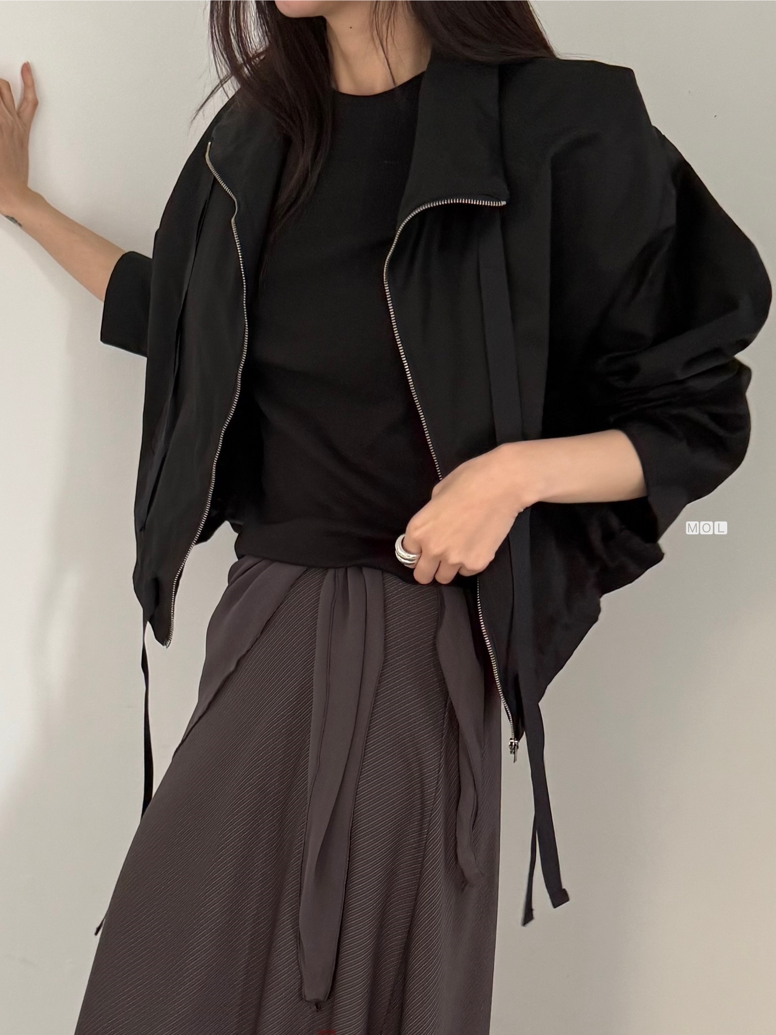 ジップアップドローストリングショートルーズ長袖無地ジャンパー | 詳細画像3