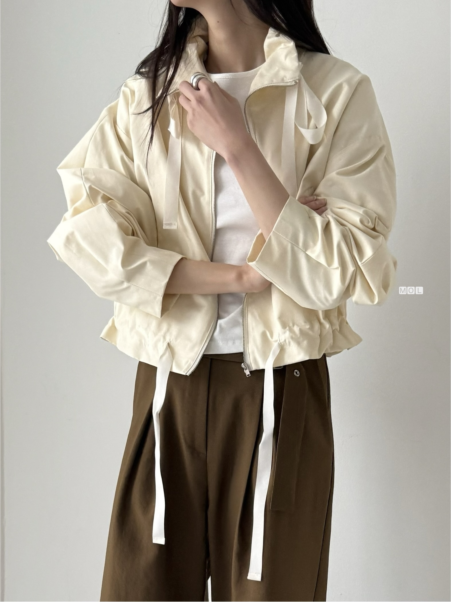 ジップアップドローストリングショートルーズ長袖無地ジャンパー | 詳細画像25