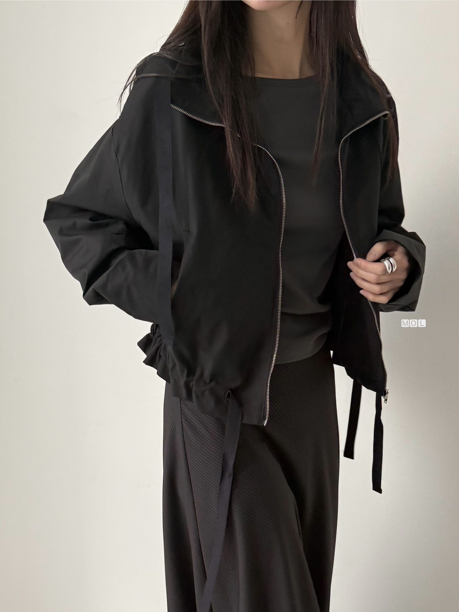 ジップアップドローストリングショートルーズ長袖無地ジャンパー | 詳細画像11