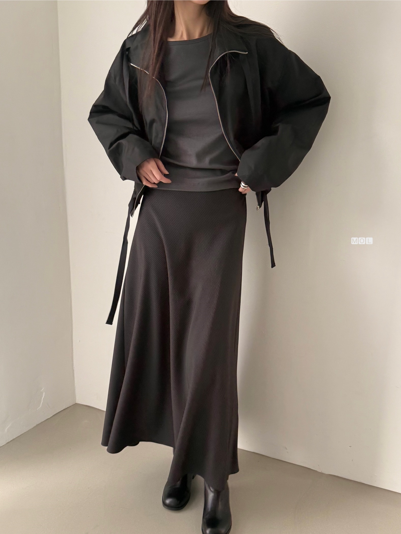 ジップアップドローストリングショートルーズ長袖無地ジャンパー | 詳細画像9