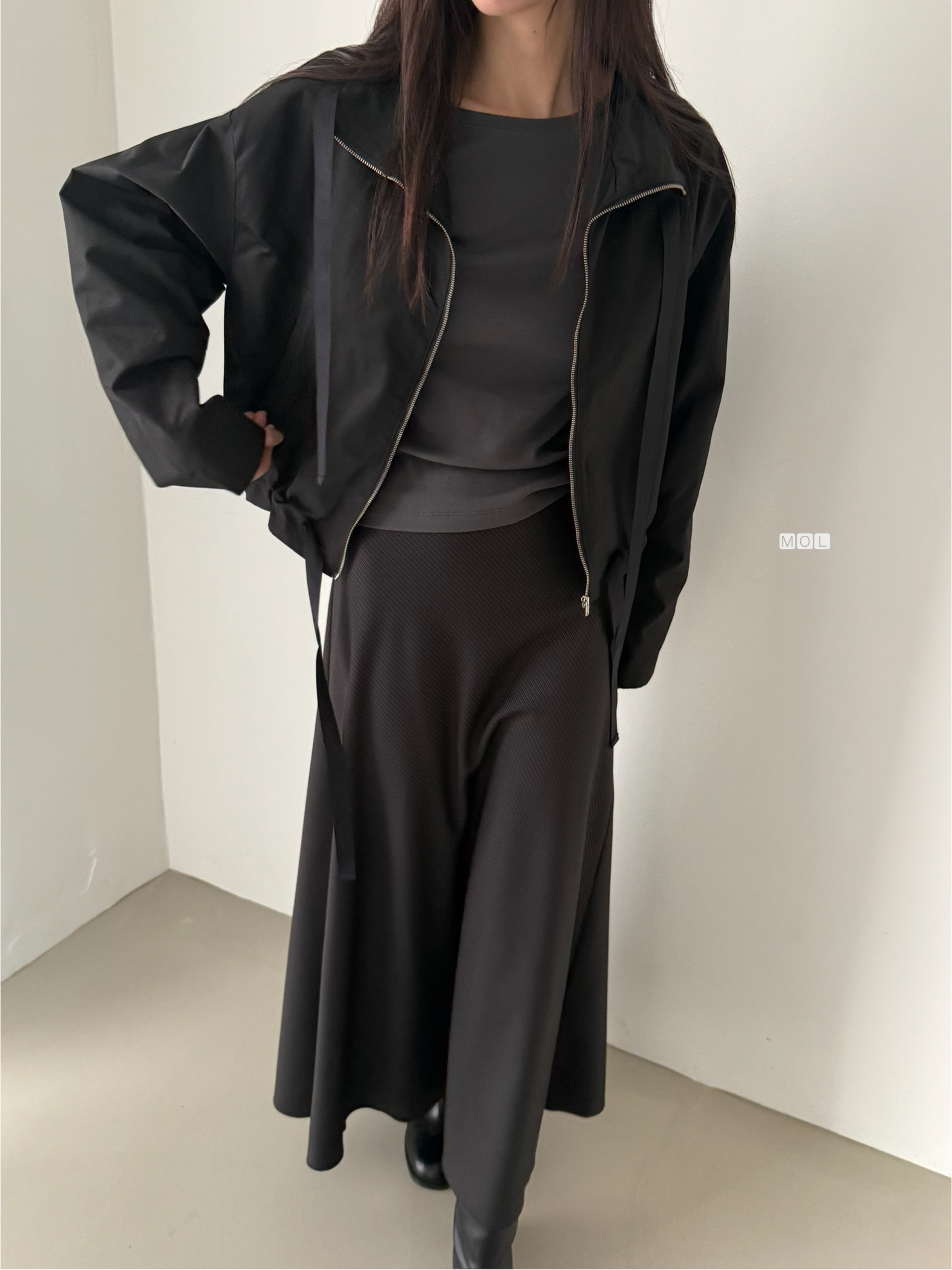 ジップアップドローストリングショートルーズ長袖無地ジャンパー | 詳細画像10