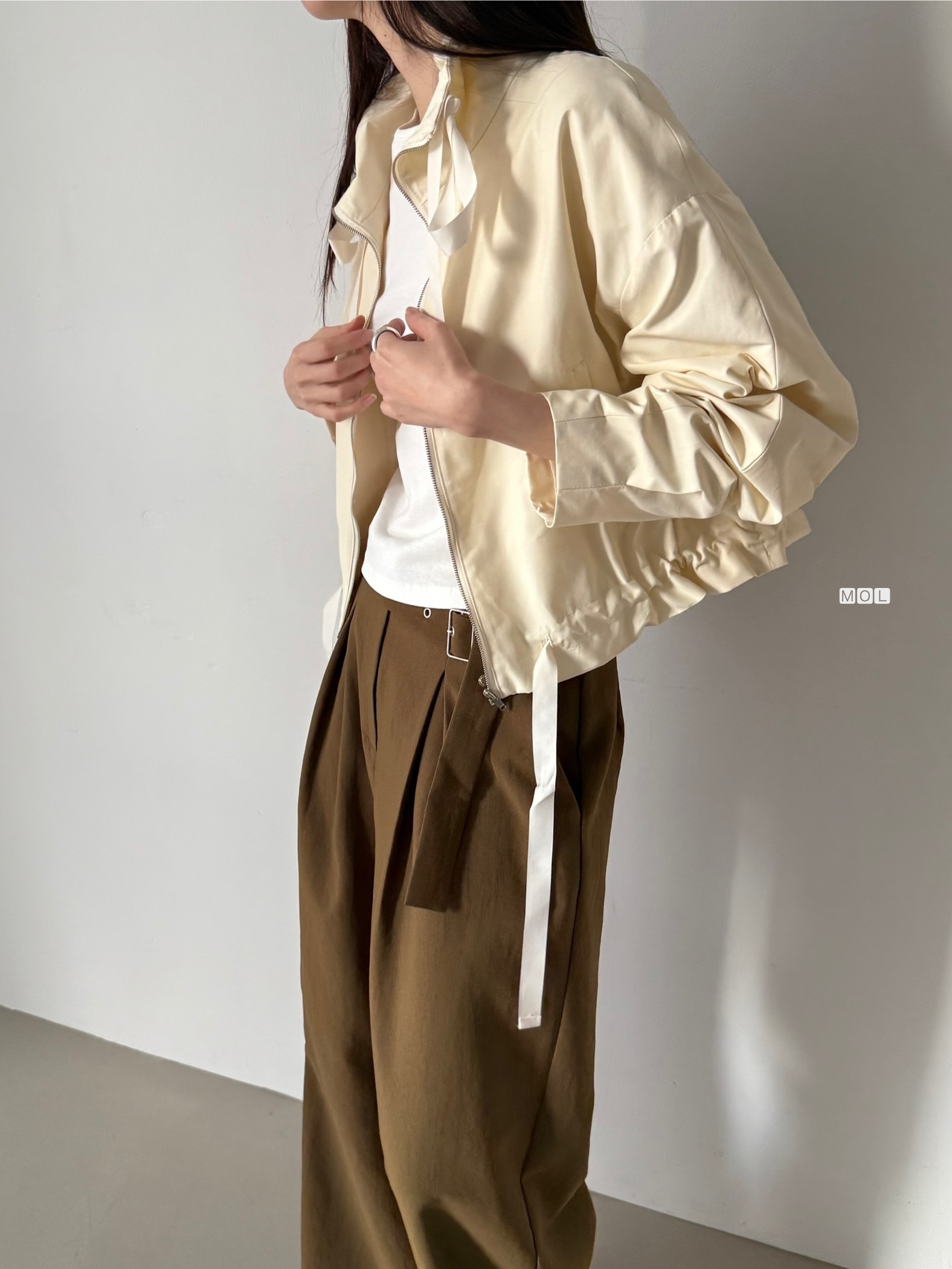 ジップアップドローストリングショートルーズ長袖無地ジャンパー | 詳細画像18