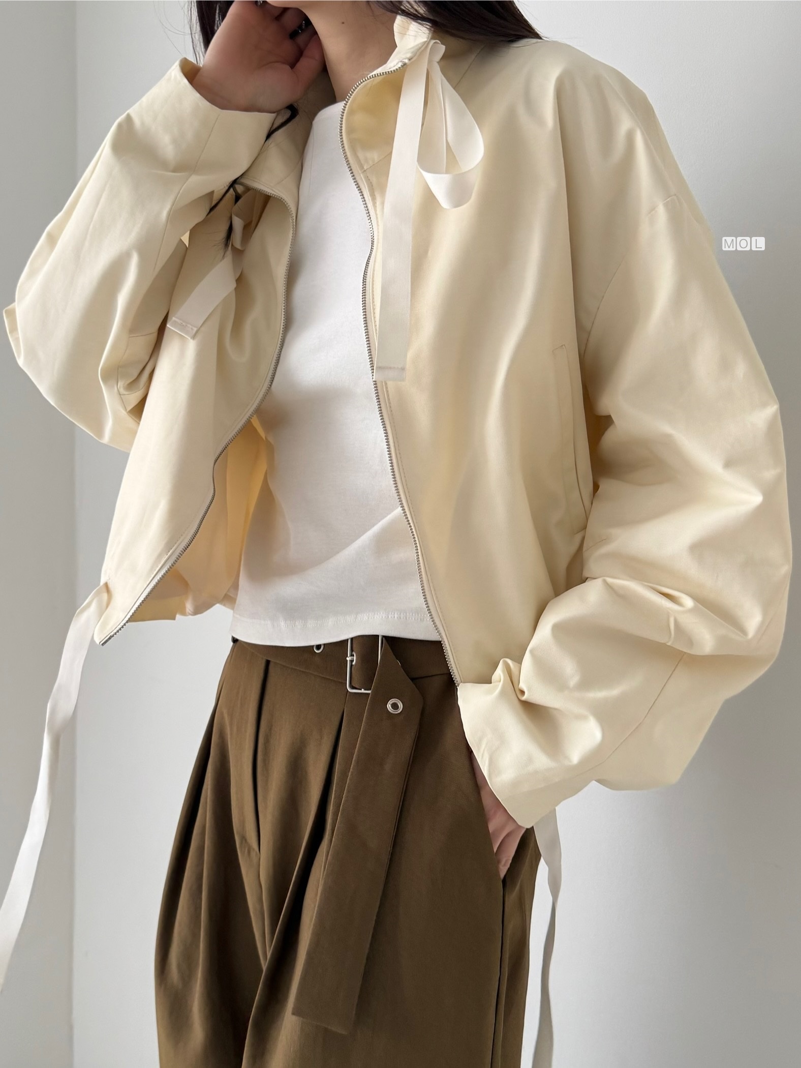 ジップアップドローストリングショートルーズ長袖無地ジャンパー | 詳細画像24