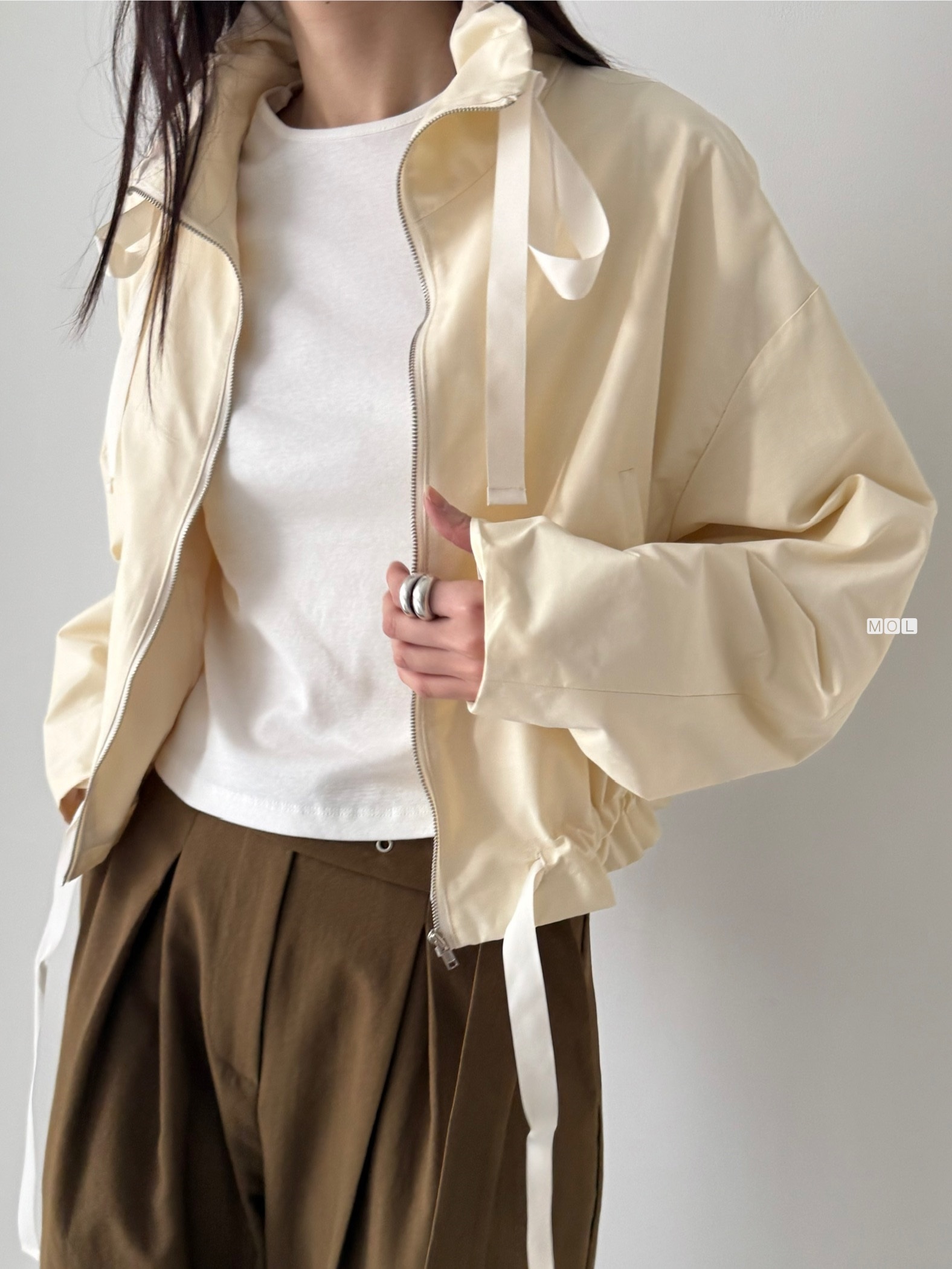 ジップアップドローストリングショートルーズ長袖無地ジャンパー | 詳細画像22