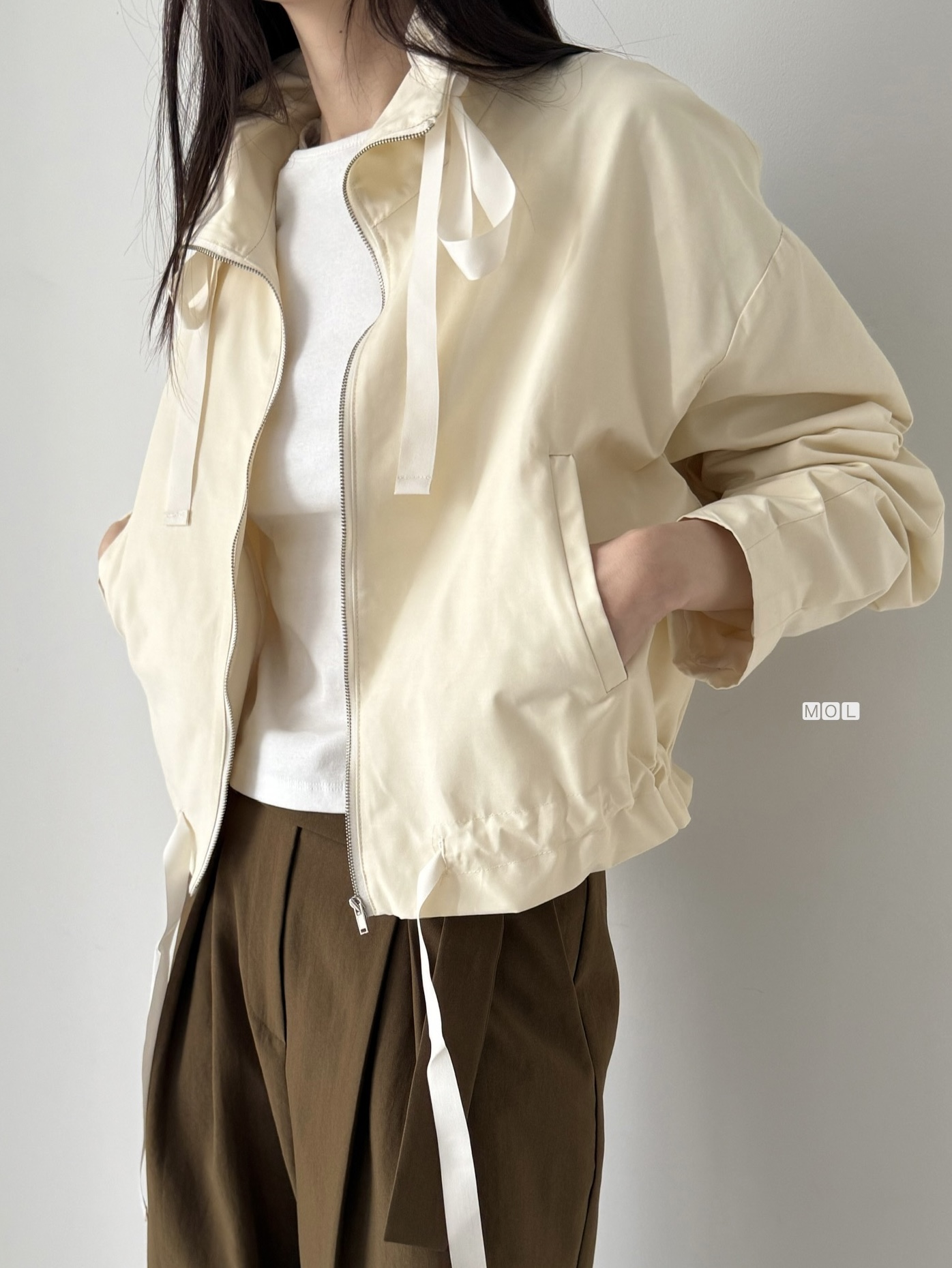 ジップアップドローストリングショートルーズ長袖無地ジャンパー | 詳細画像21