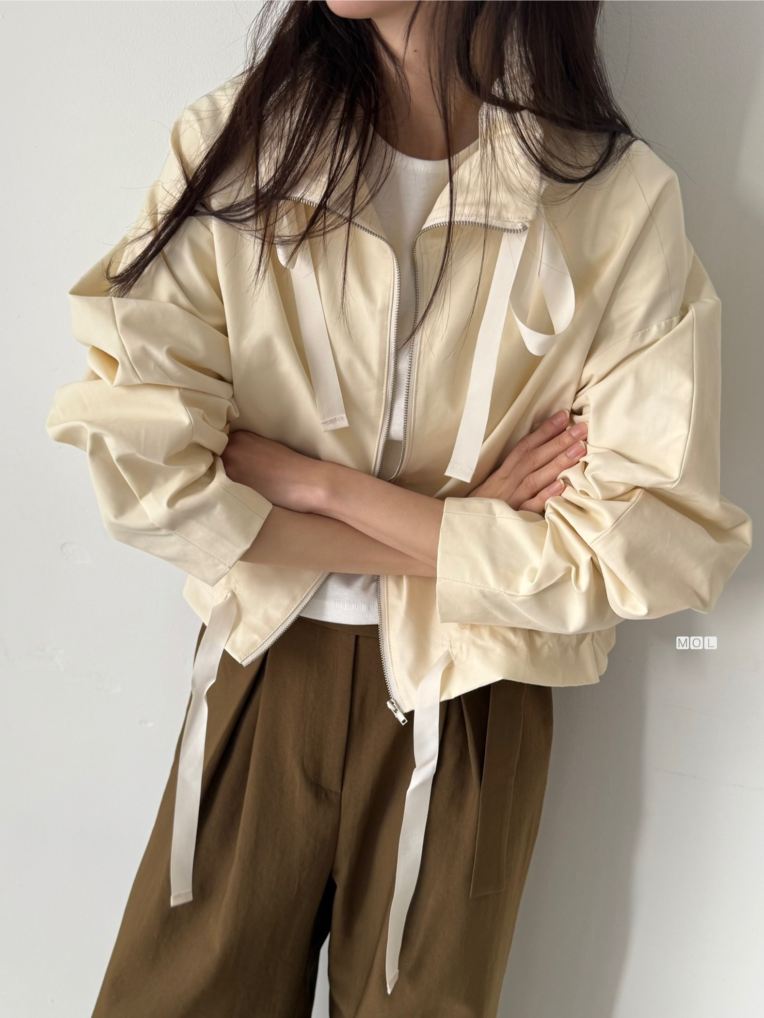 ジップアップドローストリングショートルーズ長袖無地ジャンパー | 詳細画像20