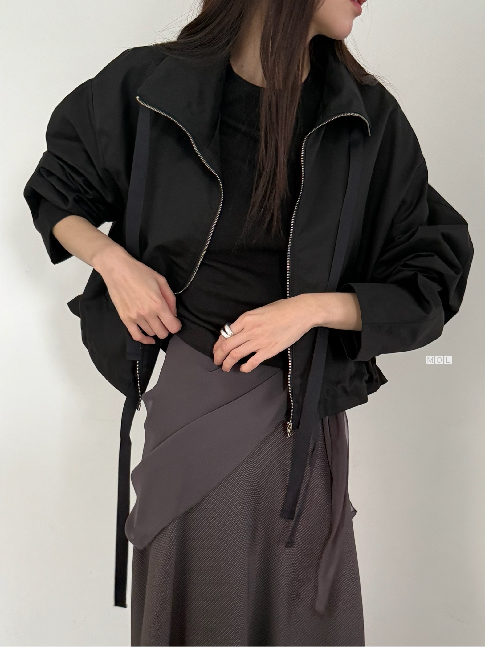 ジップアップドローストリングショートルーズ長袖無地ジャンパー | 詳細画像6