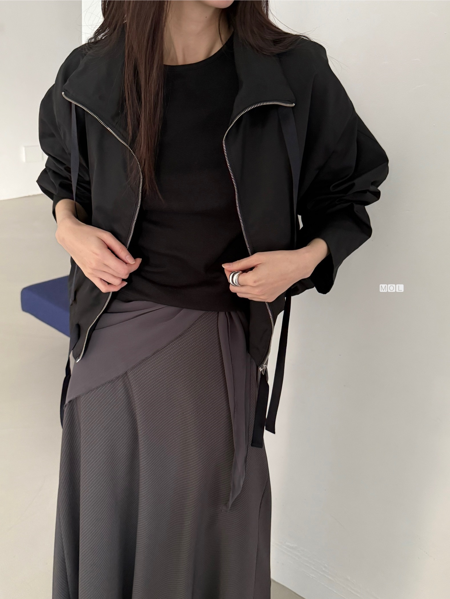 ジップアップドローストリングショートルーズ長袖無地ジャンパー | 詳細画像12