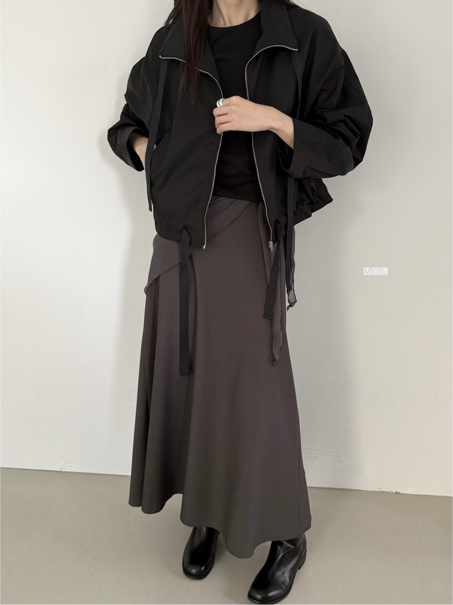 ジップアップドローストリングショートルーズ長袖無地ジャンパー | 詳細画像13