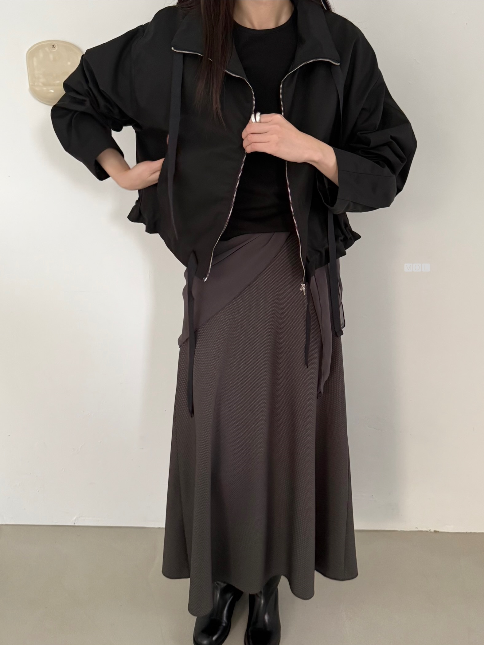 ジップアップドローストリングショートルーズ長袖無地ジャンパー | 詳細画像14