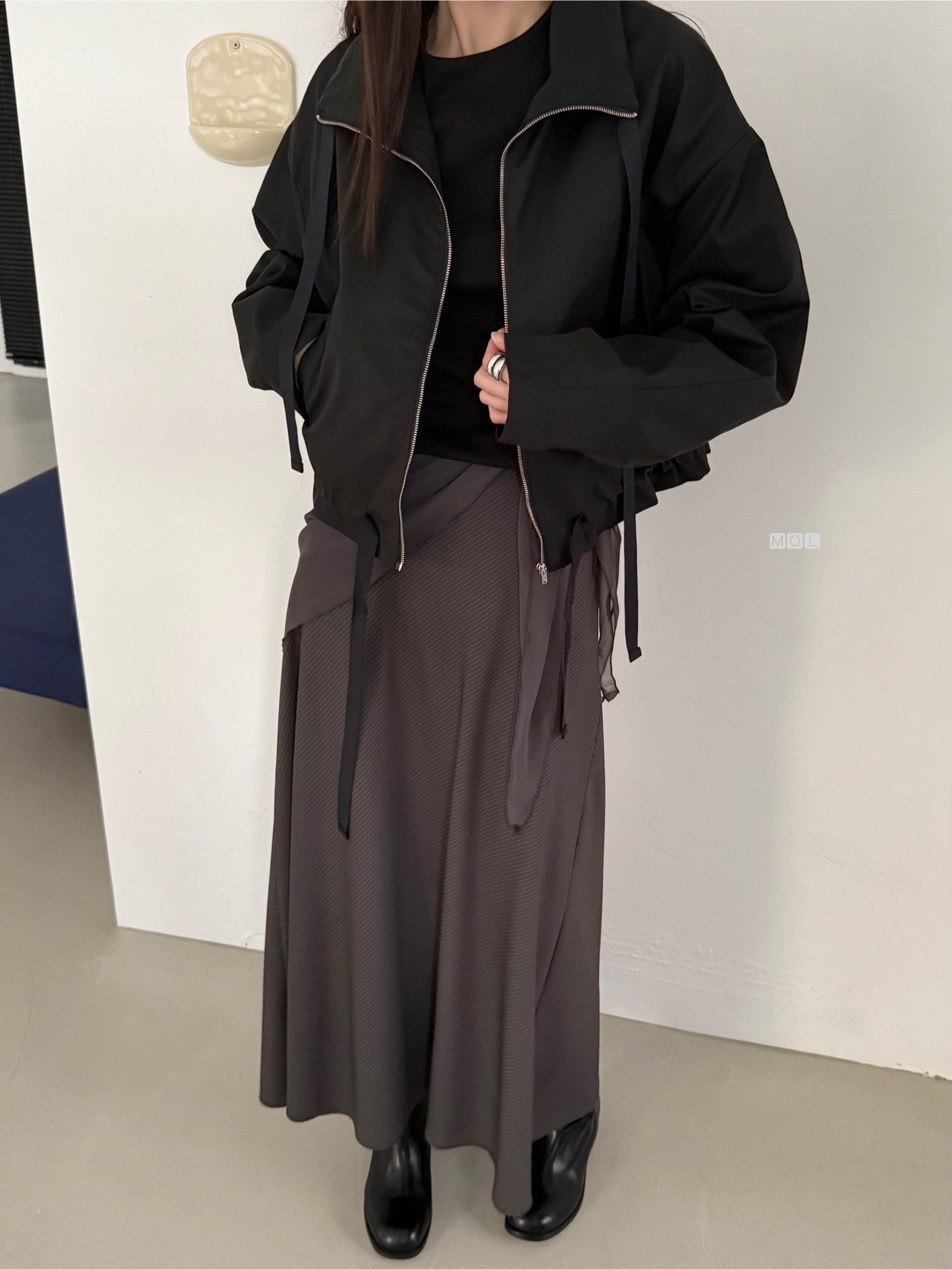 ジップアップドローストリングショートルーズ長袖無地ジャンパー | 詳細画像15