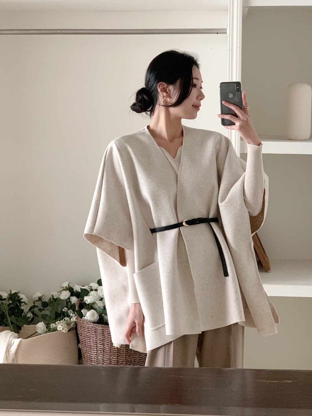 Vネックフレンチスリーブオーバーサイズミディアウトポケットショールカラー無地ジャケットベストベルト付 | 詳細画像7