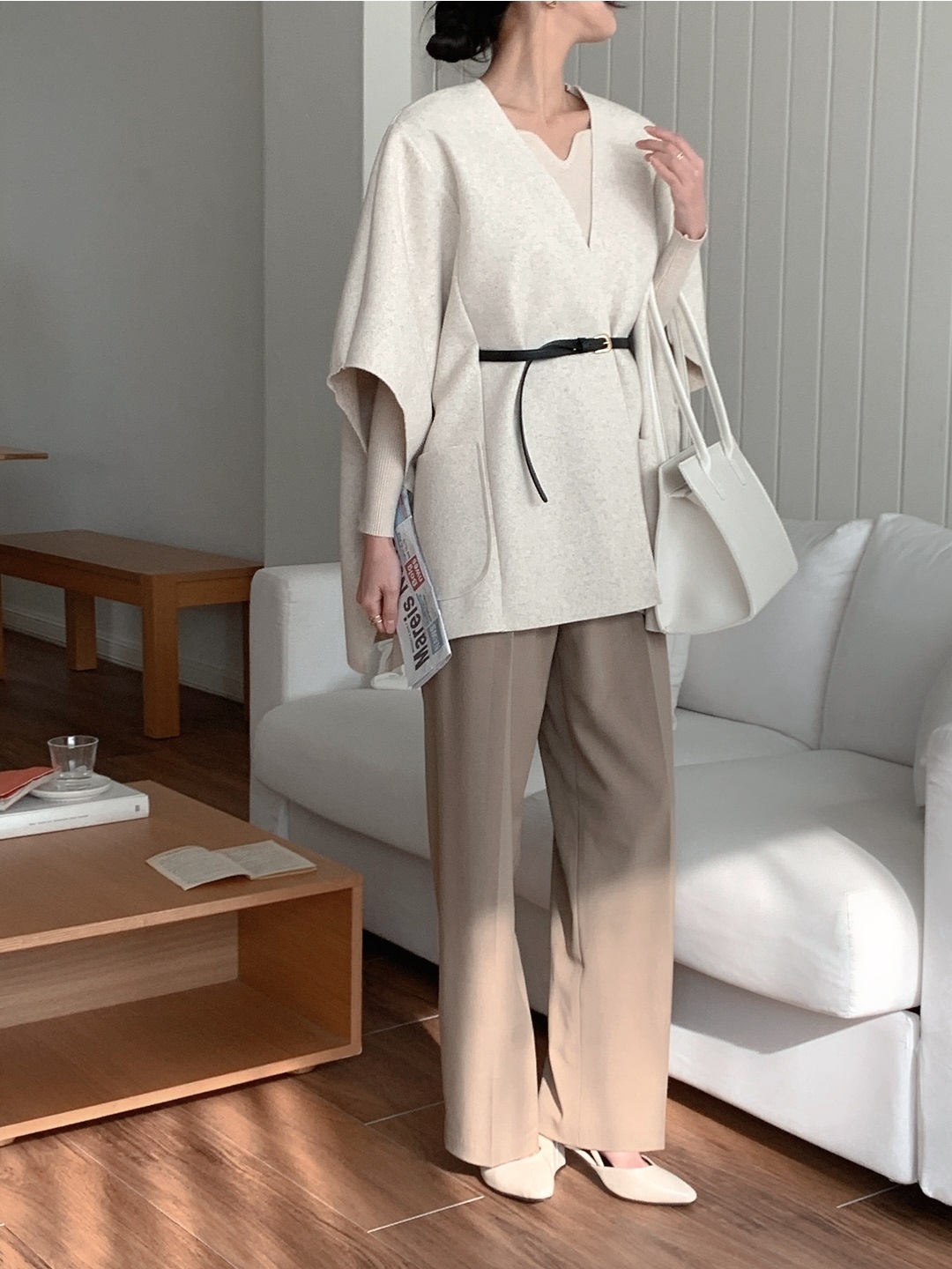 Vネックフレンチスリーブオーバーサイズミディアウトポケットショールカラー無地ジャケットベストベルト付 | 詳細画像12