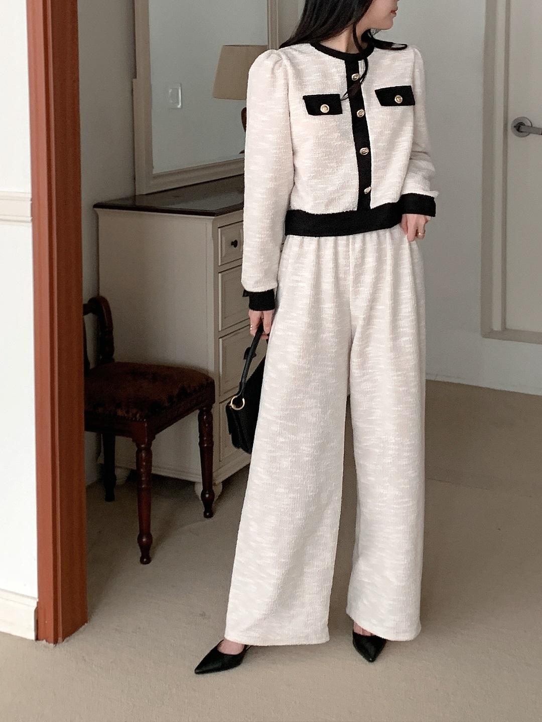 裏起毛リブフードドローストリングウエストゴムクロップドロング長袖ワイド配色パンツパーカートレーニングパンツ付 | 詳細画像2