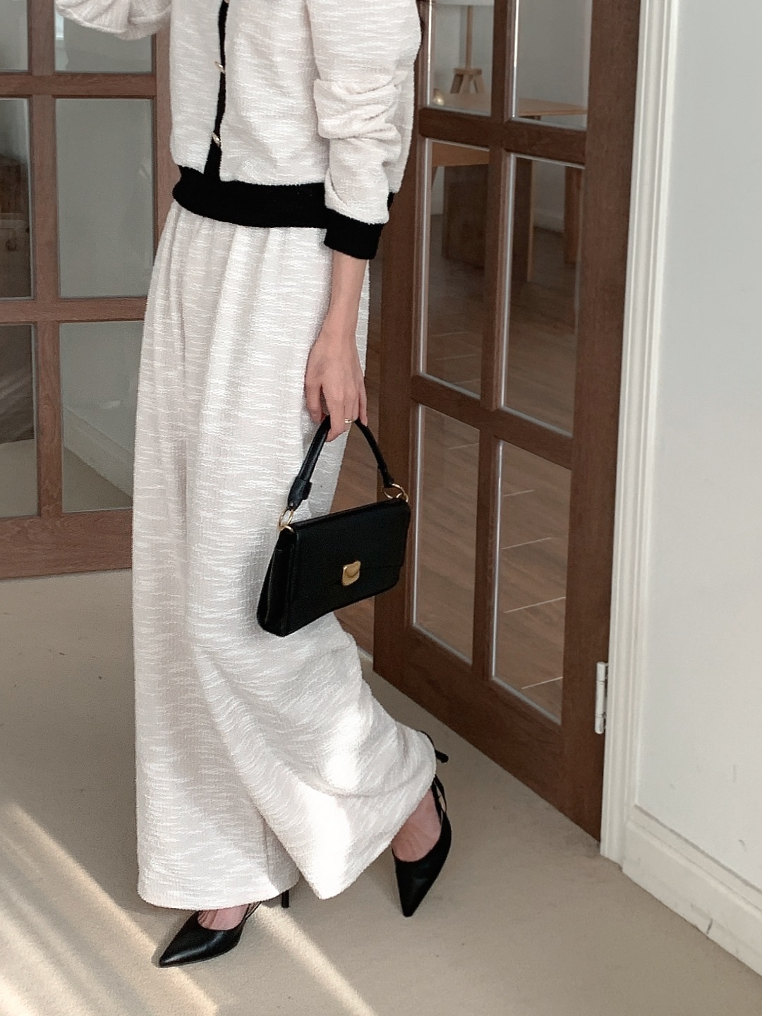 裏起毛リブフードドローストリングウエストゴムクロップドロング長袖ワイド配色パンツパーカートレーニングパンツ付 | 詳細画像5