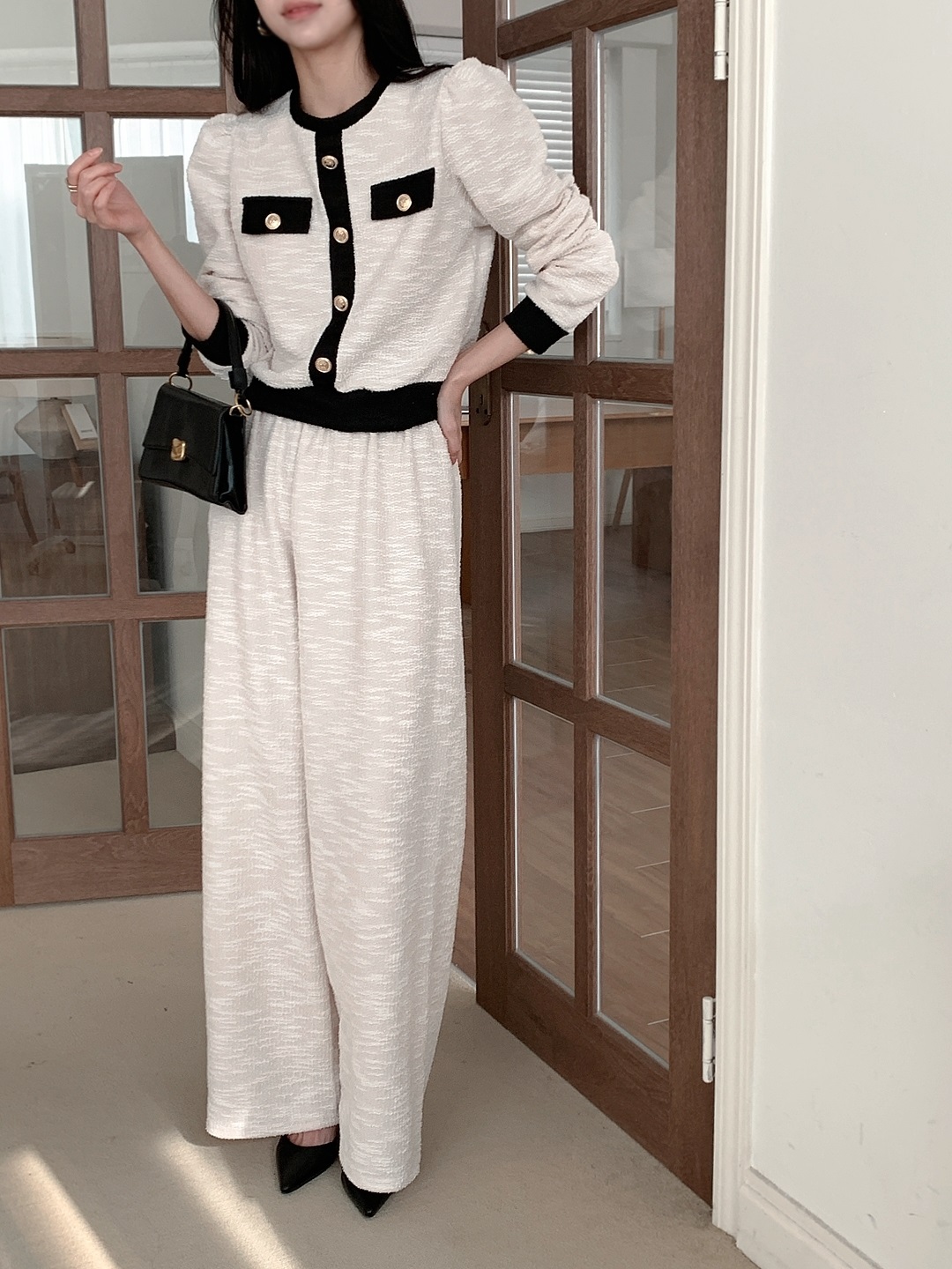 裏起毛リブフードドローストリングウエストゴムクロップドロング長袖ワイド配色パンツパーカートレーニングパンツ付 | 詳細画像6