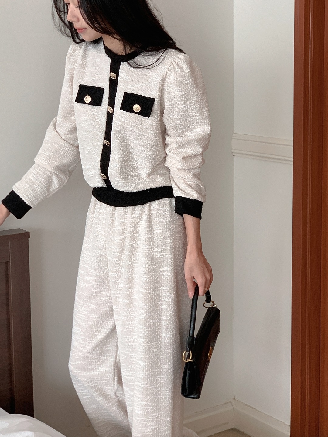 裏起毛リブフードドローストリングウエストゴムクロップドロング長袖ワイド配色パンツパーカートレーニングパンツ付 | 詳細画像8