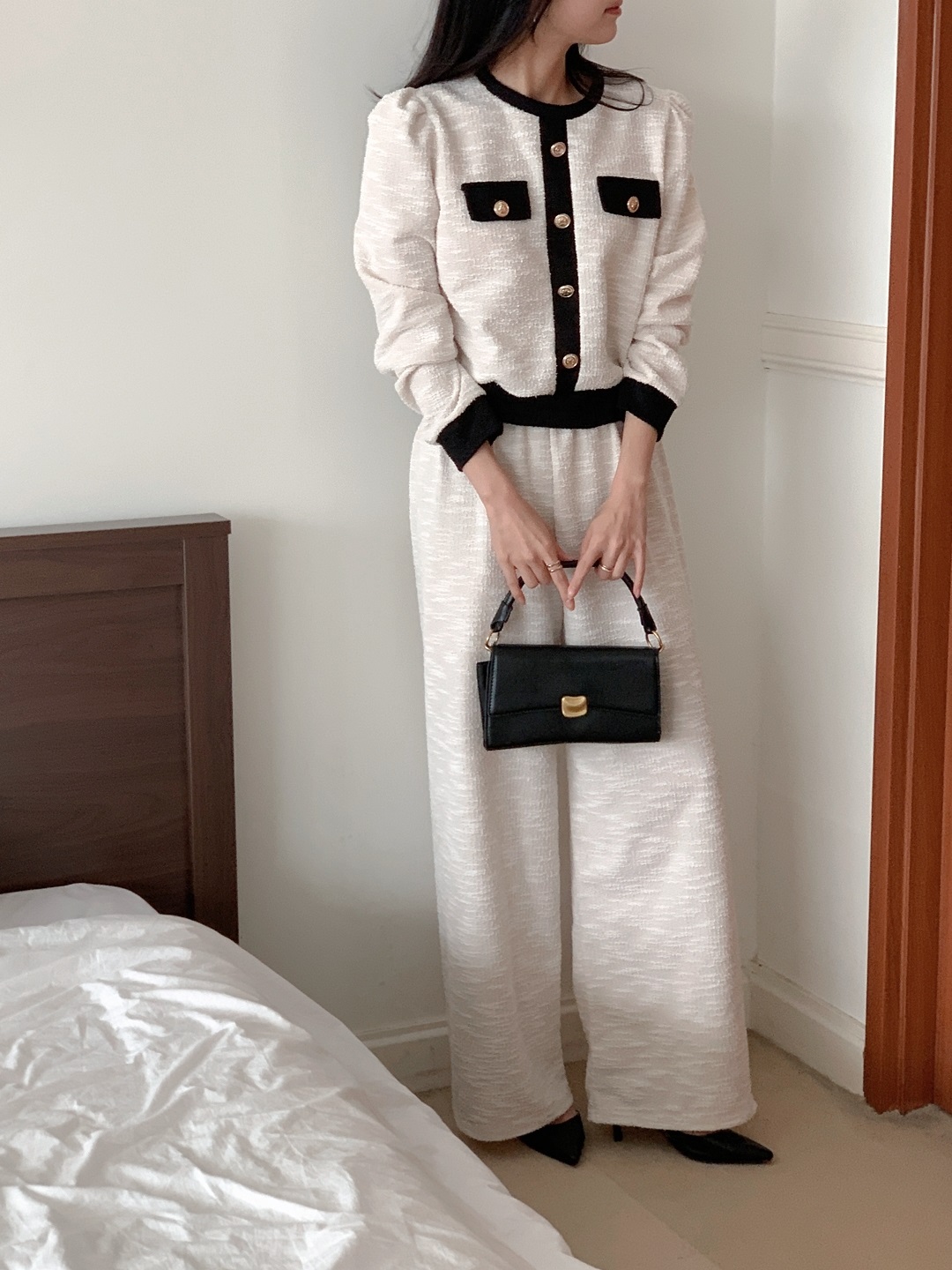 裏起毛リブフードドローストリングウエストゴムクロップドロング長袖ワイド配色パンツパーカートレーニングパンツ付 | 詳細画像9