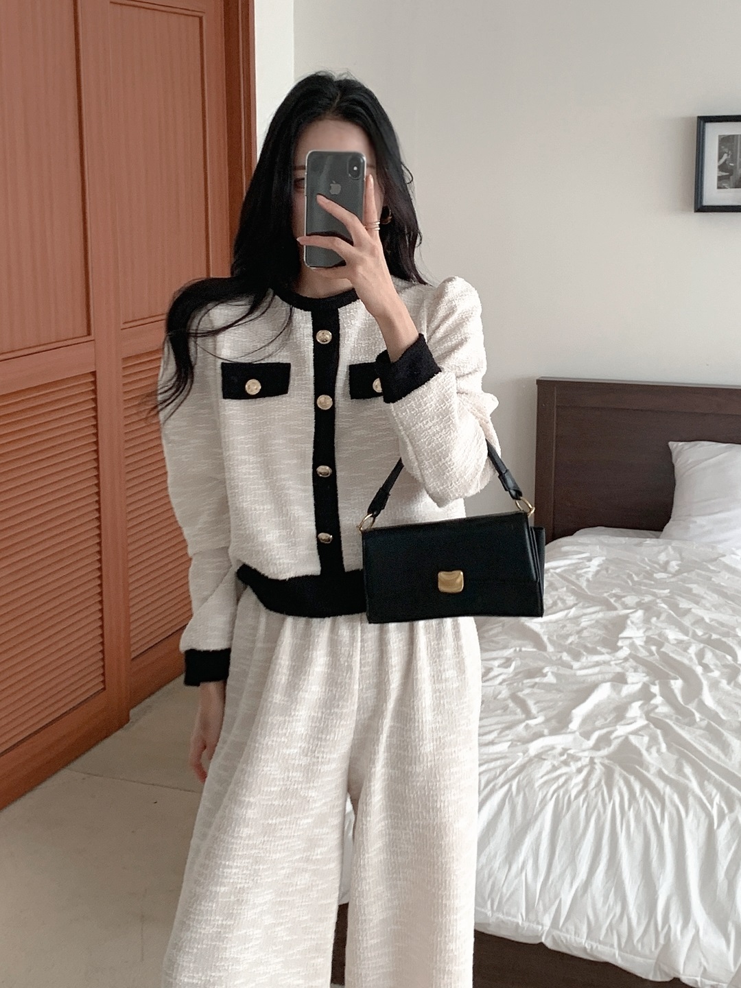 裏起毛リブフードドローストリングウエストゴムクロップドロング長袖ワイド配色パンツパーカートレーニングパンツ付 | 詳細画像10