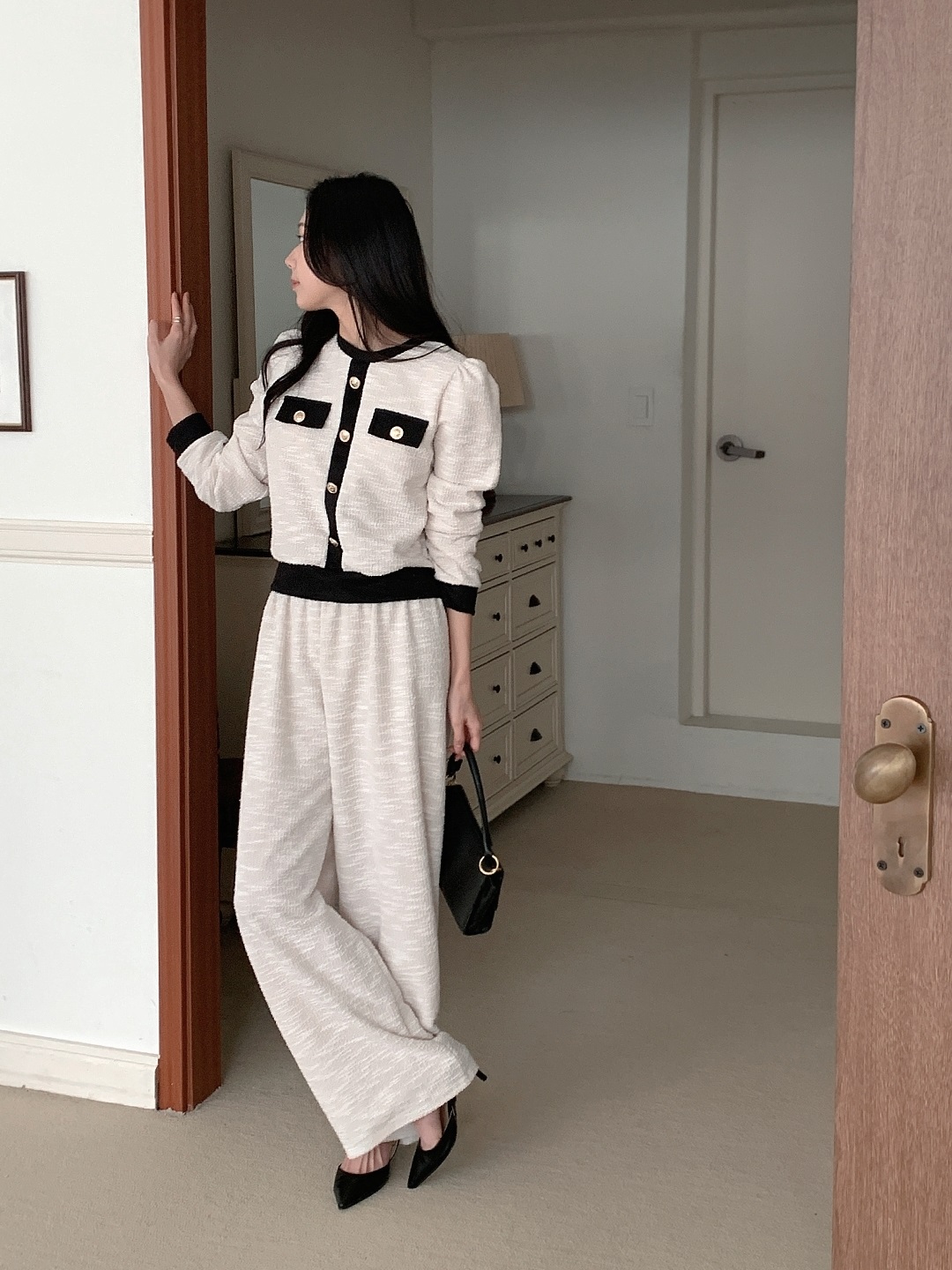 裏起毛リブフードドローストリングウエストゴムクロップドロング長袖ワイド配色パンツパーカートレーニングパンツ付 | 詳細画像11