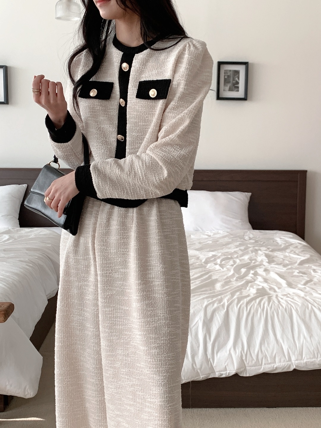 裏起毛リブフードドローストリングウエストゴムクロップドロング長袖ワイド配色パンツパーカートレーニングパンツ付 | 詳細画像12