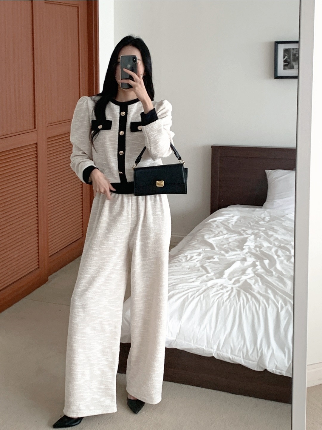 裏起毛リブフードドローストリングウエストゴムクロップドロング長袖ワイド配色パンツパーカートレーニングパンツ付 | 詳細画像14