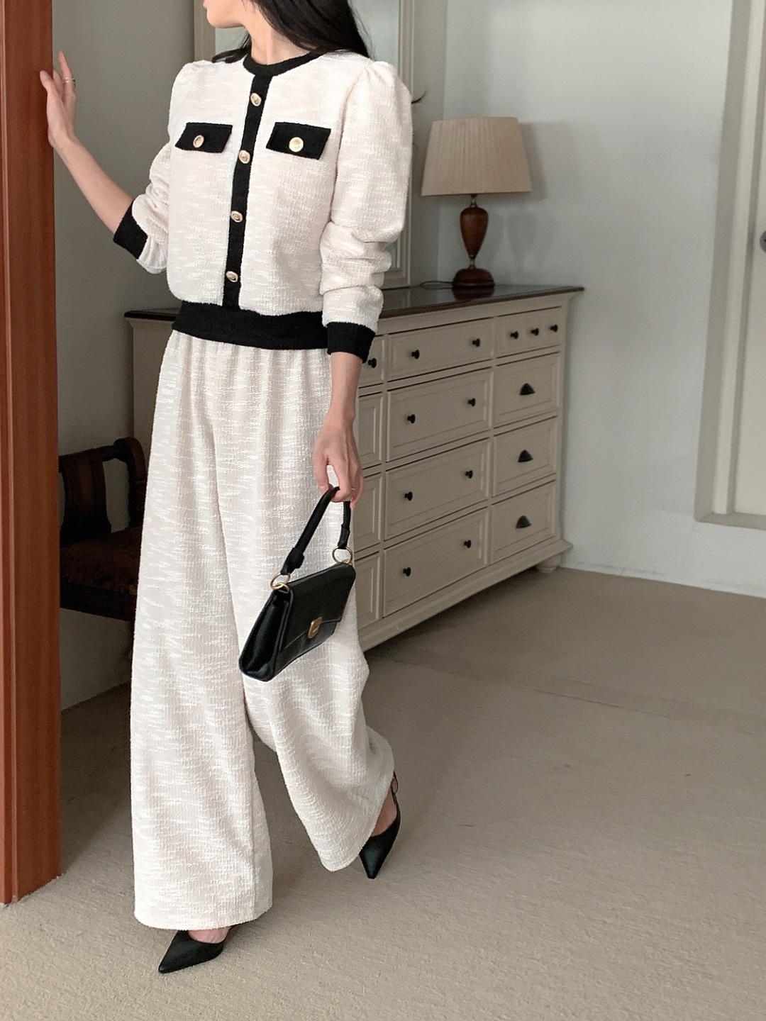 裏起毛リブフードドローストリングウエストゴムクロップドロング長袖ワイド配色パンツパーカートレーニングパンツ付 | 詳細画像16