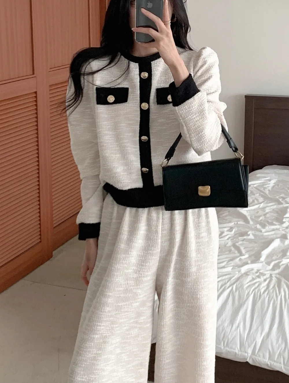 裏起毛リブフードドローストリングウエストゴムクロップドロング長袖ワイド配色パンツパーカートレーニングパンツ付 | 詳細画像1