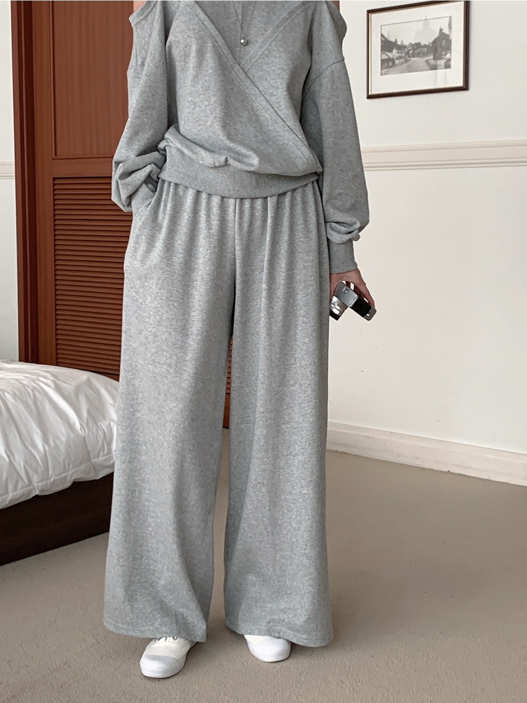 ラウンドネックウエストゴムルーズオープンショルダー長袖ワイド無地ツーピース(トップス、ボトムス)パンツTシャツ | 詳細画像4