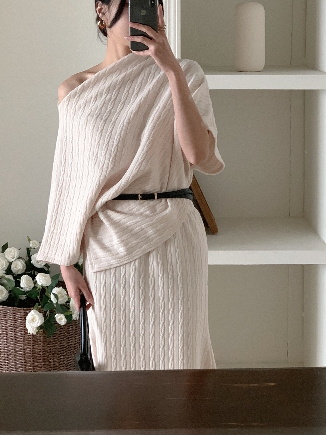 ウエストゴムドルマンアンバランスビッグケープケーブルツーピース(トップス、ボトムス)スカートポンチョベルト付 | 詳細画像2