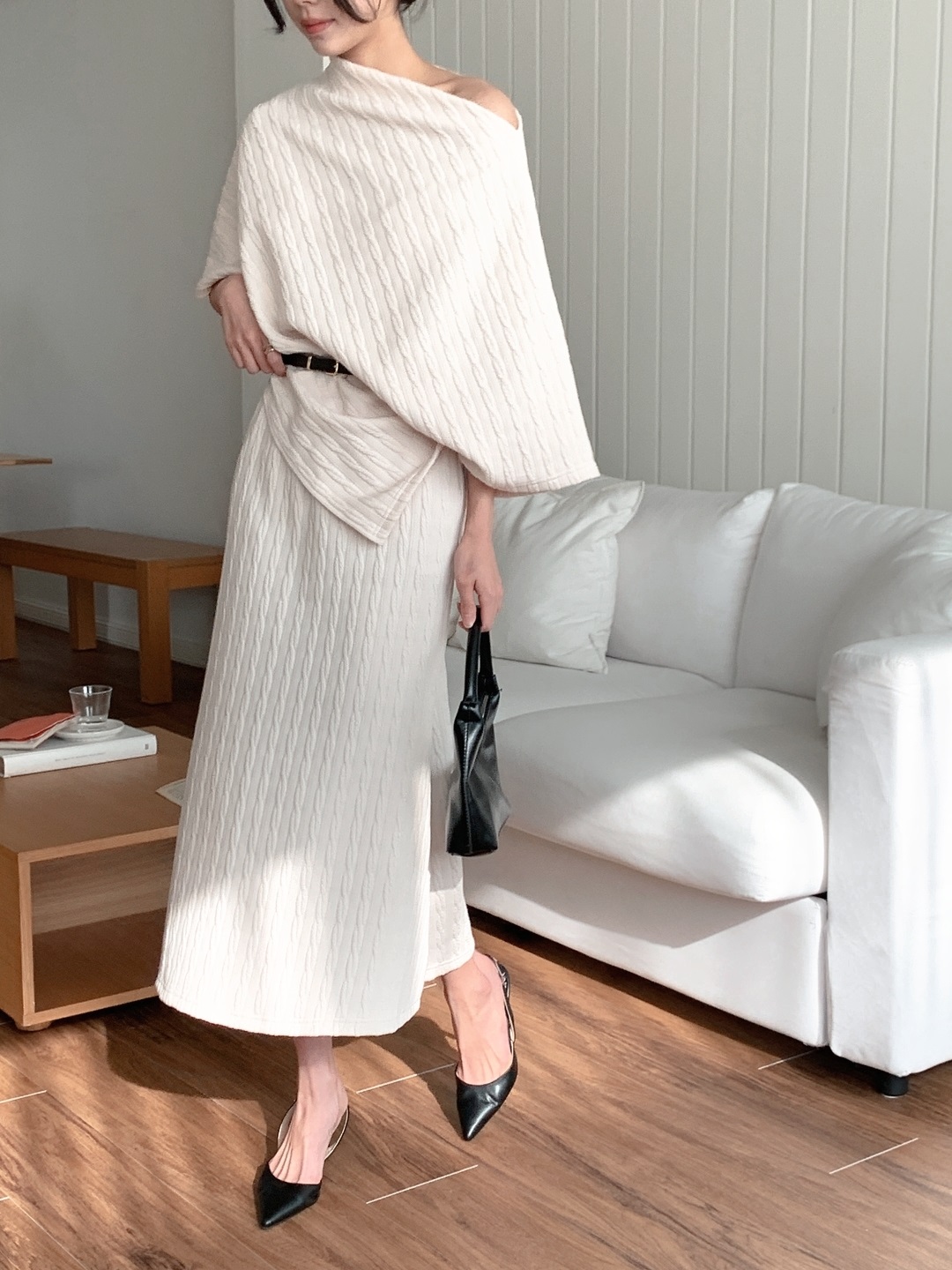 ウエストゴムドルマンアンバランスビッグケープケーブルツーピース(トップス、ボトムス)スカートポンチョベルト付 | 詳細画像3