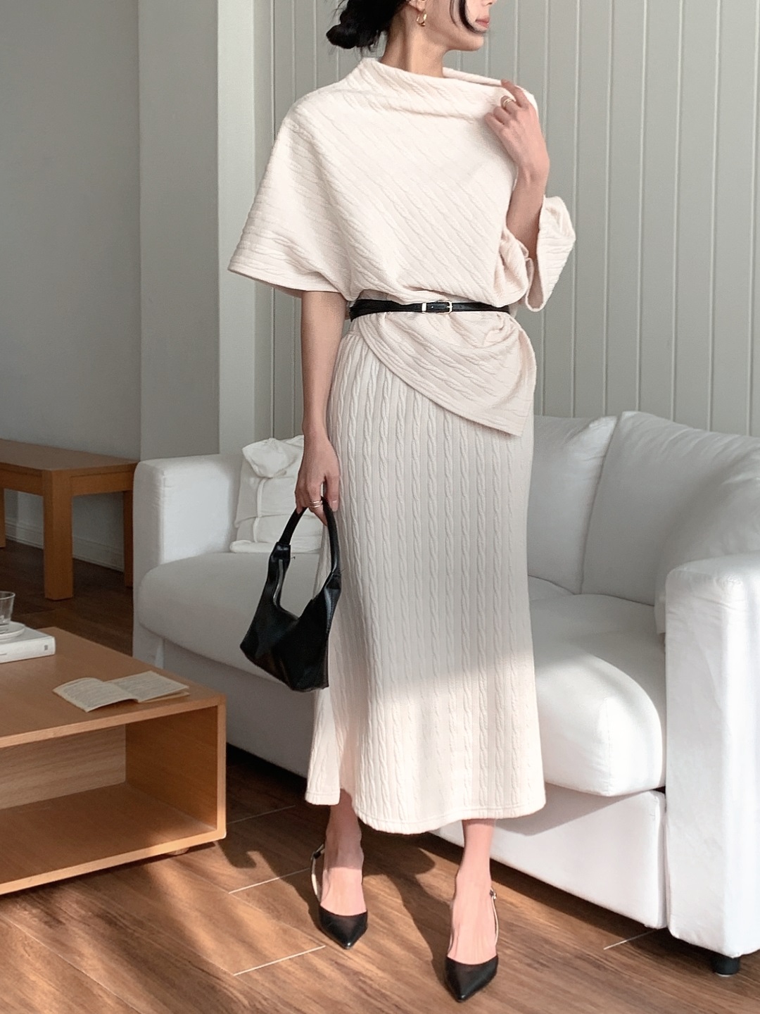 ウエストゴムドルマンアンバランスビッグケープケーブルツーピース(トップス、ボトムス)スカートポンチョベルト付 | 詳細画像5